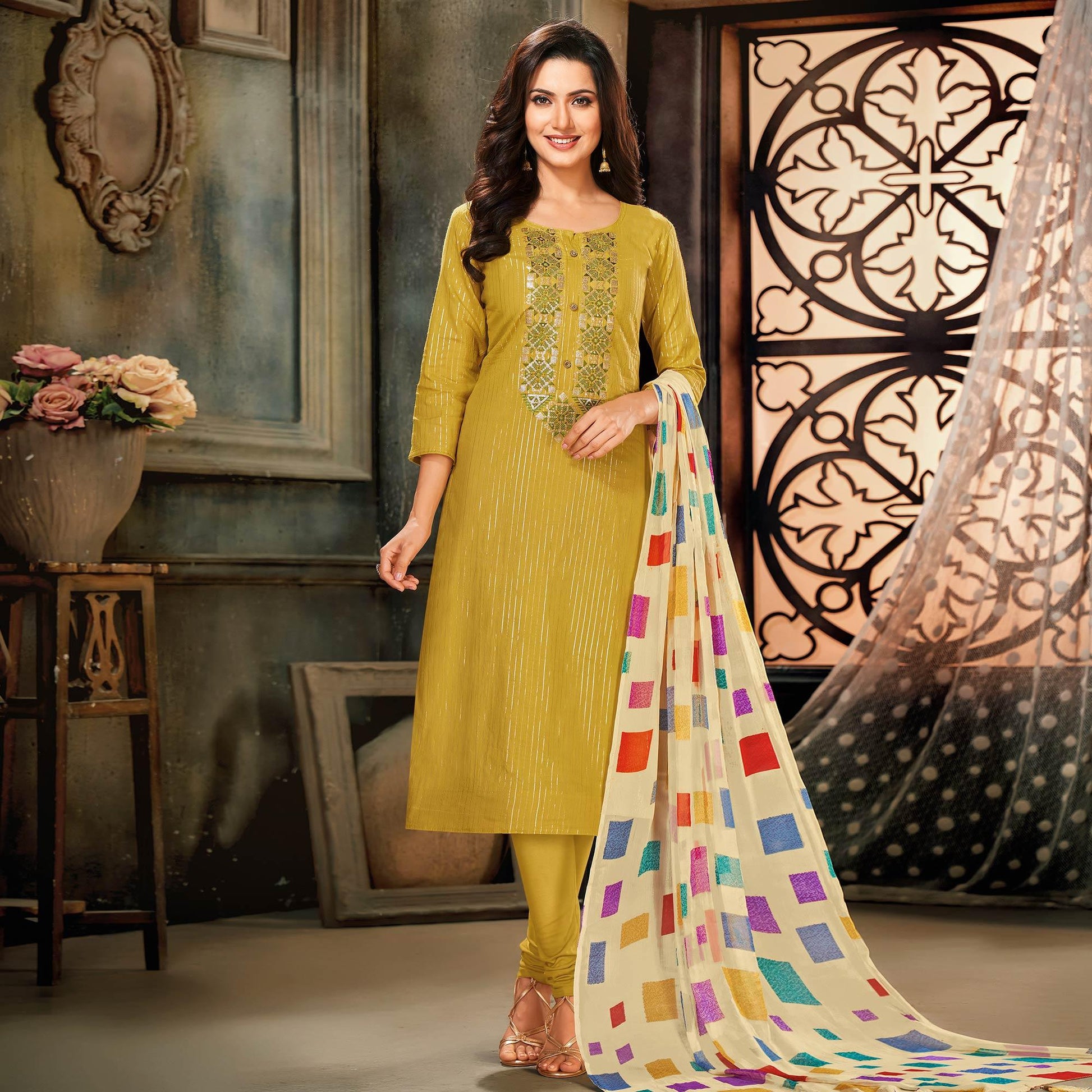 Ideal Mehendi Green Colored Partywear Embroidered Chanderi Dress Material
