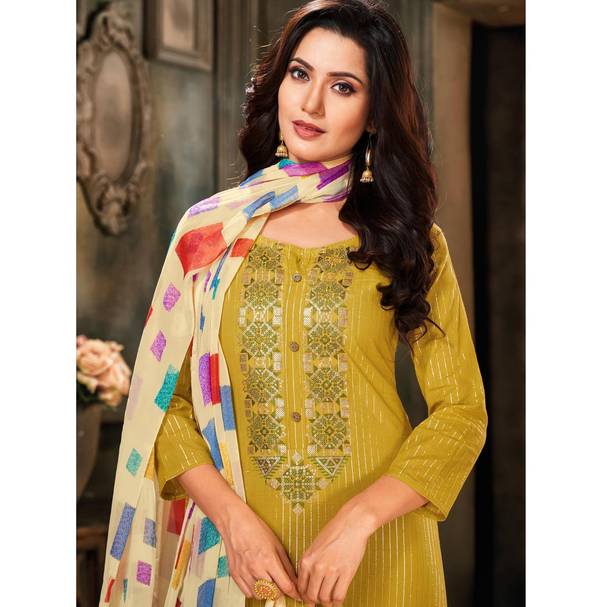 Ideal Mehendi Green Colored Partywear Embroidered Chanderi Dress Material