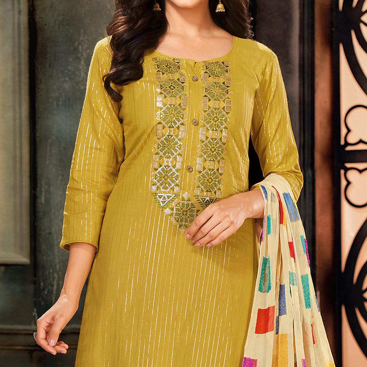 Ideal Mehendi Green Colored Partywear Embroidered Chanderi Dress Material