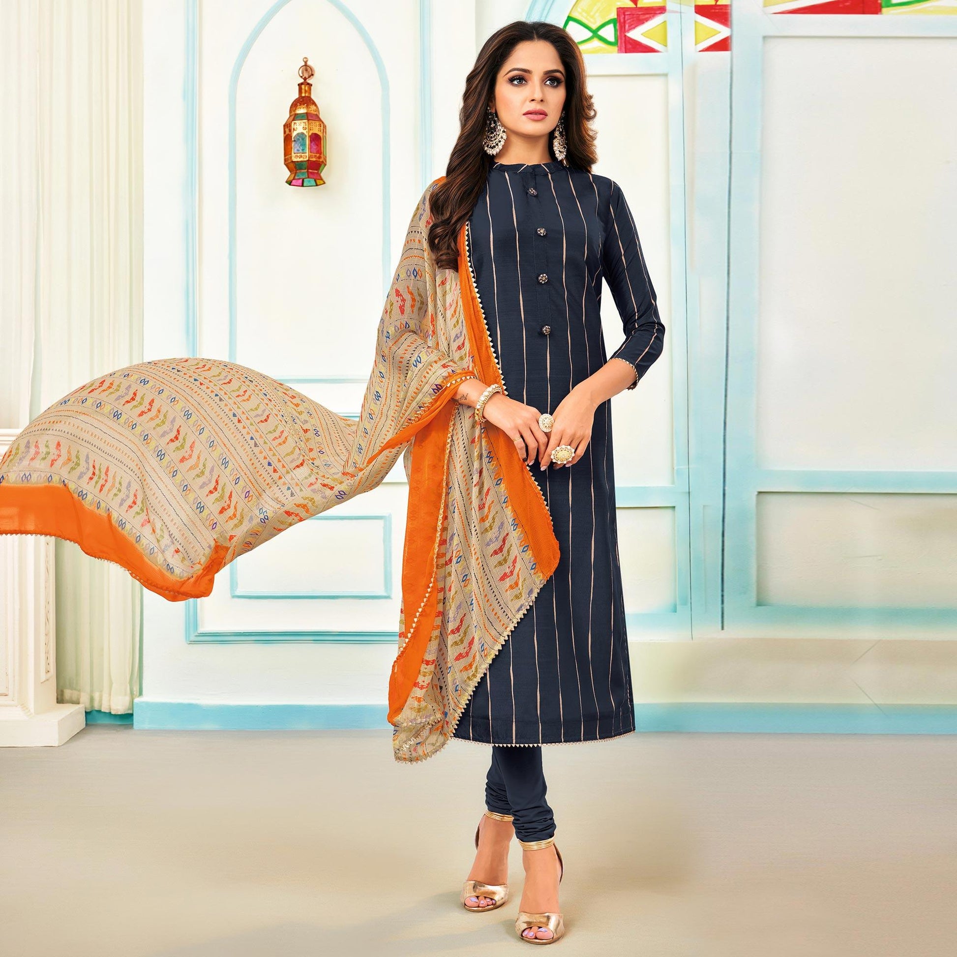 Ideal Navy Blue Colored Casual Wear Embroidered Chanderi Dress Material