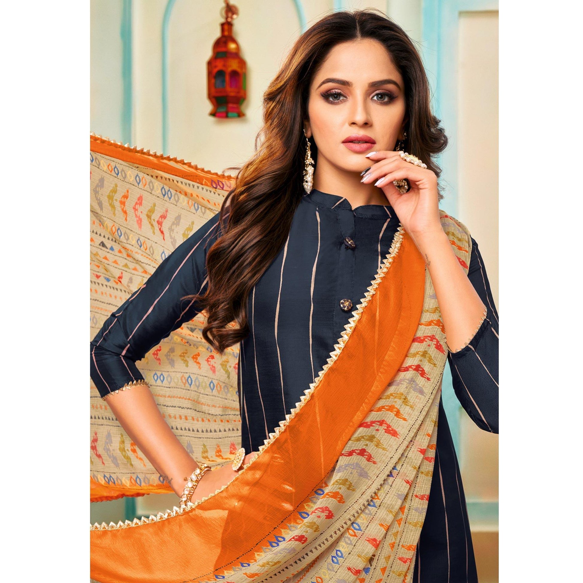 Ideal Navy Blue Colored Casual Wear Embroidered Chanderi Dress Material