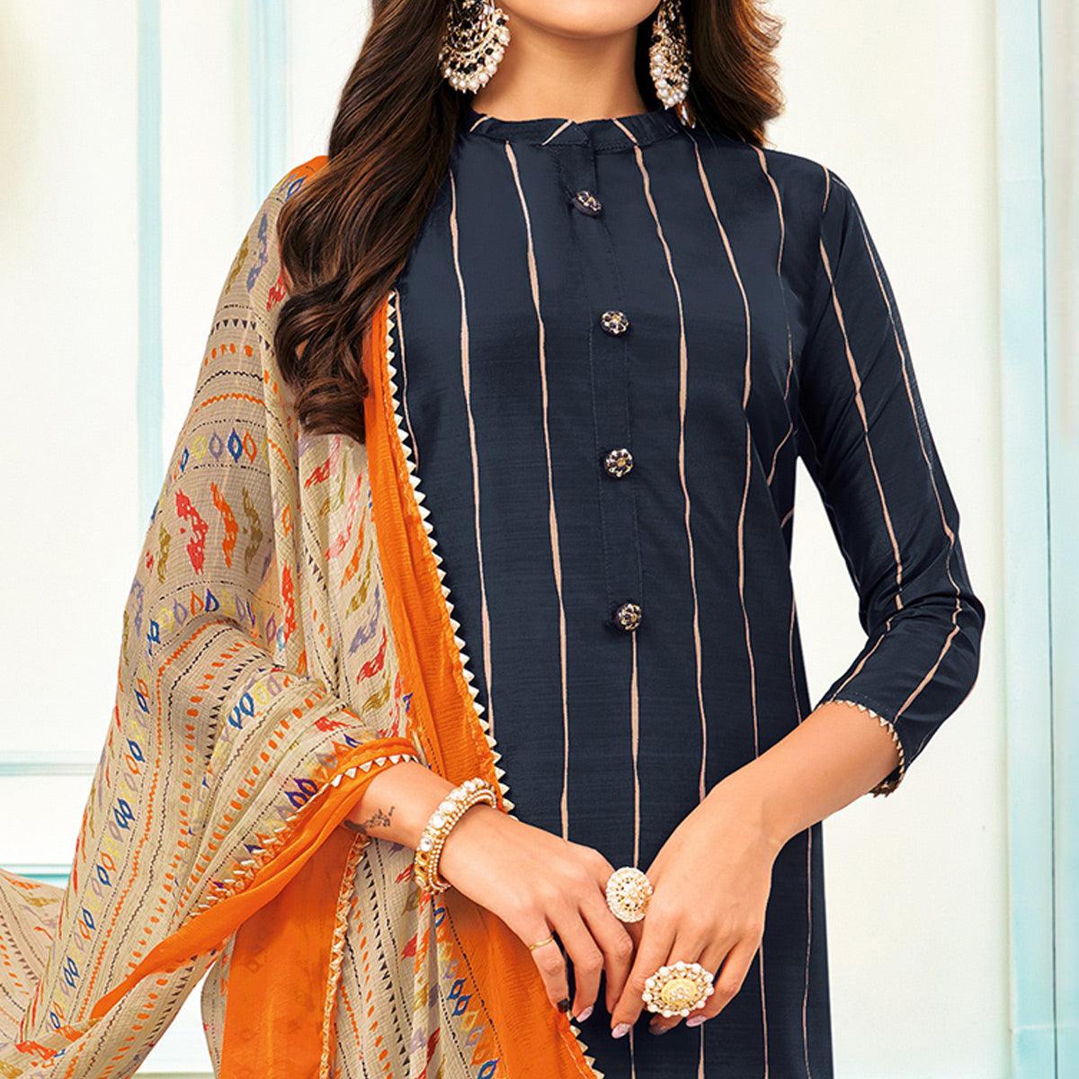 Ideal Navy Blue Colored Casual Wear Embroidered Chanderi Dress Material