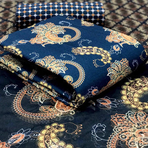 Ideal Navy Blue Colored Casual Wear Printed Pashmina Dress Material