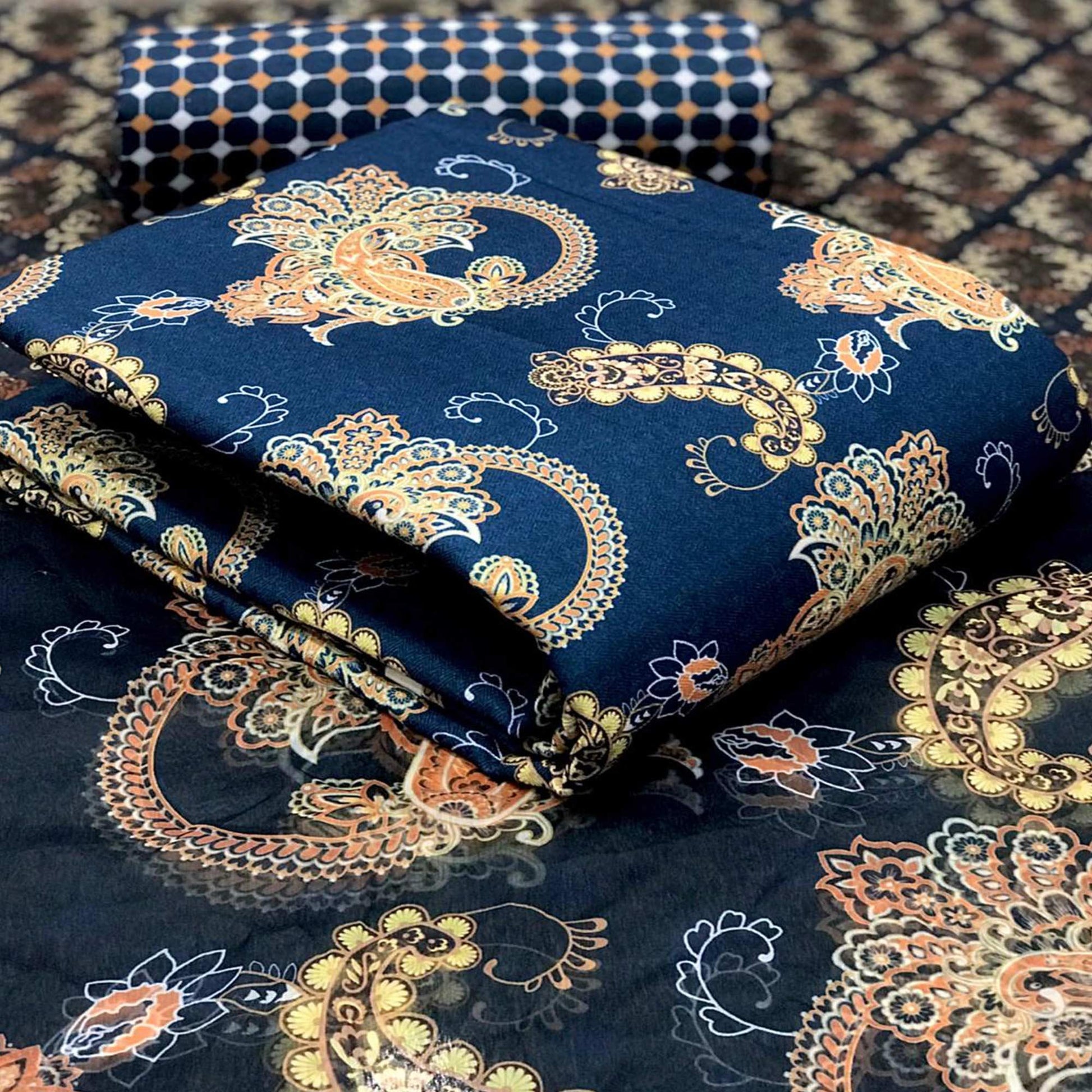 Ideal Navy Blue Colored Casual Wear Printed Pashmina Dress Material