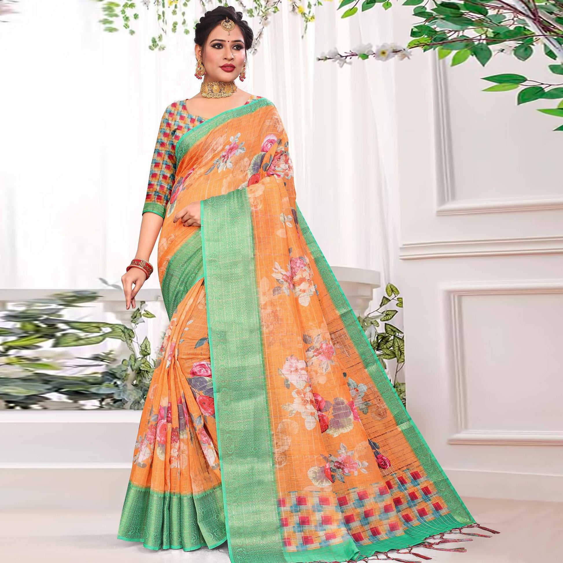 Ideal Orange Colored Festive Wear Digital Printed Linen Saree