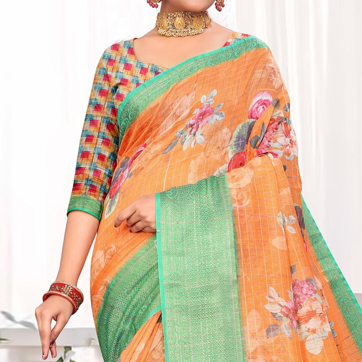 Ideal Orange Colored Festive Wear Digital Printed Linen Saree