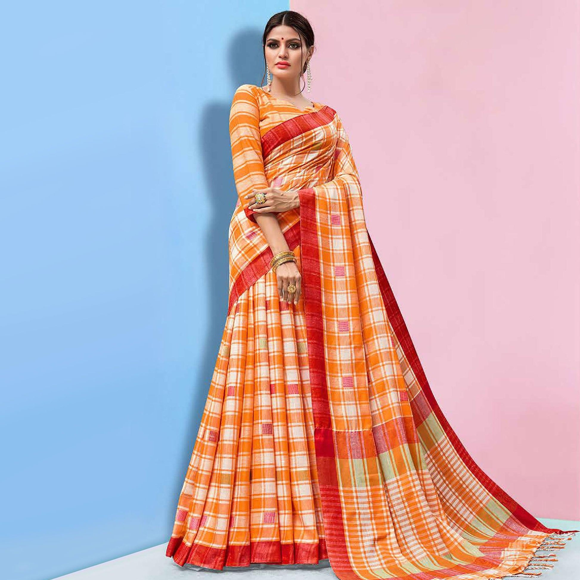 Ideal Orange Colored Partywear Printed Linen Cotton Saree
