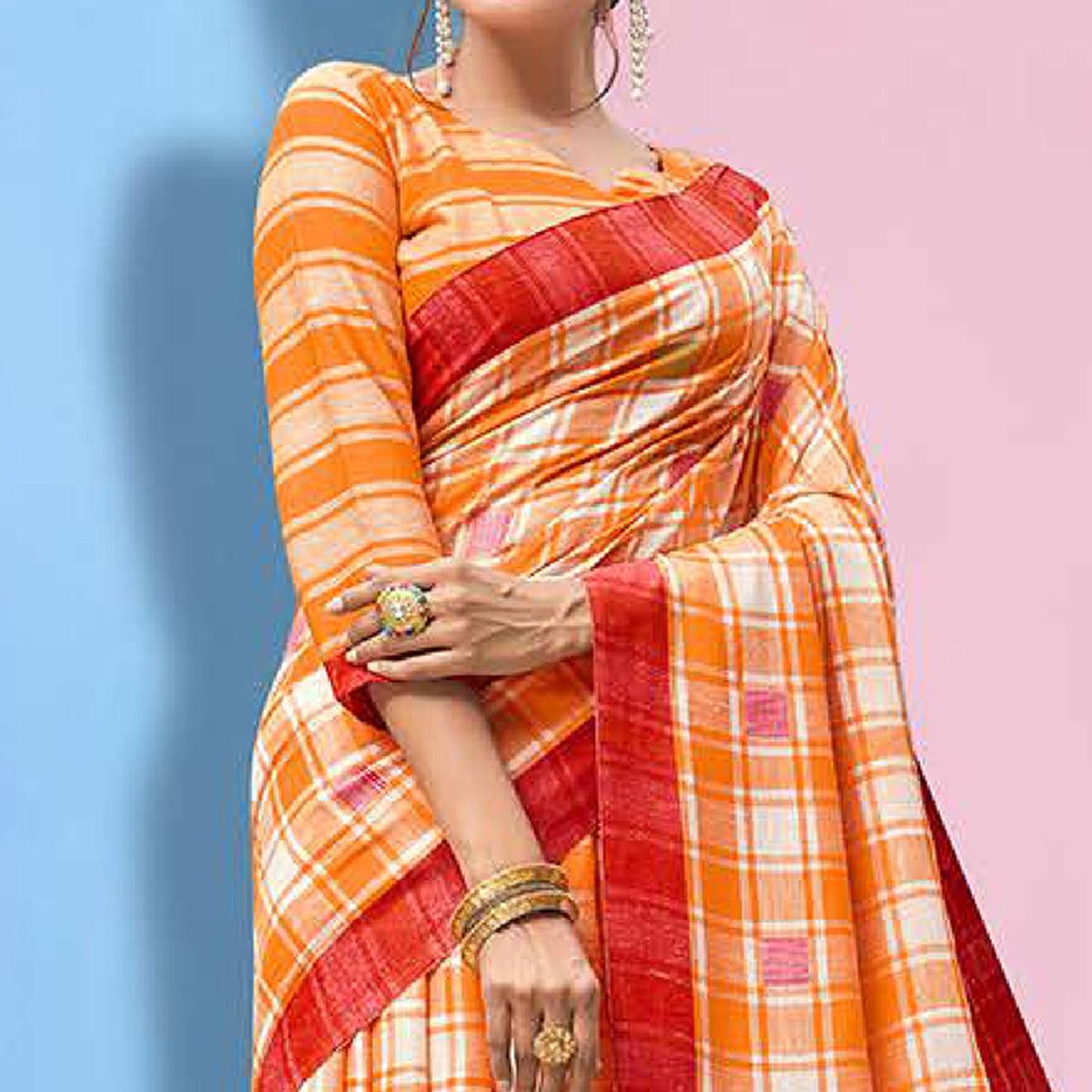 Ideal Orange Colored Partywear Printed Linen Cotton Saree