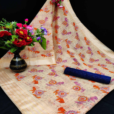 Ideal Orange Coloured Floral Print Casual Wear Striped Pattern Cotton Saree