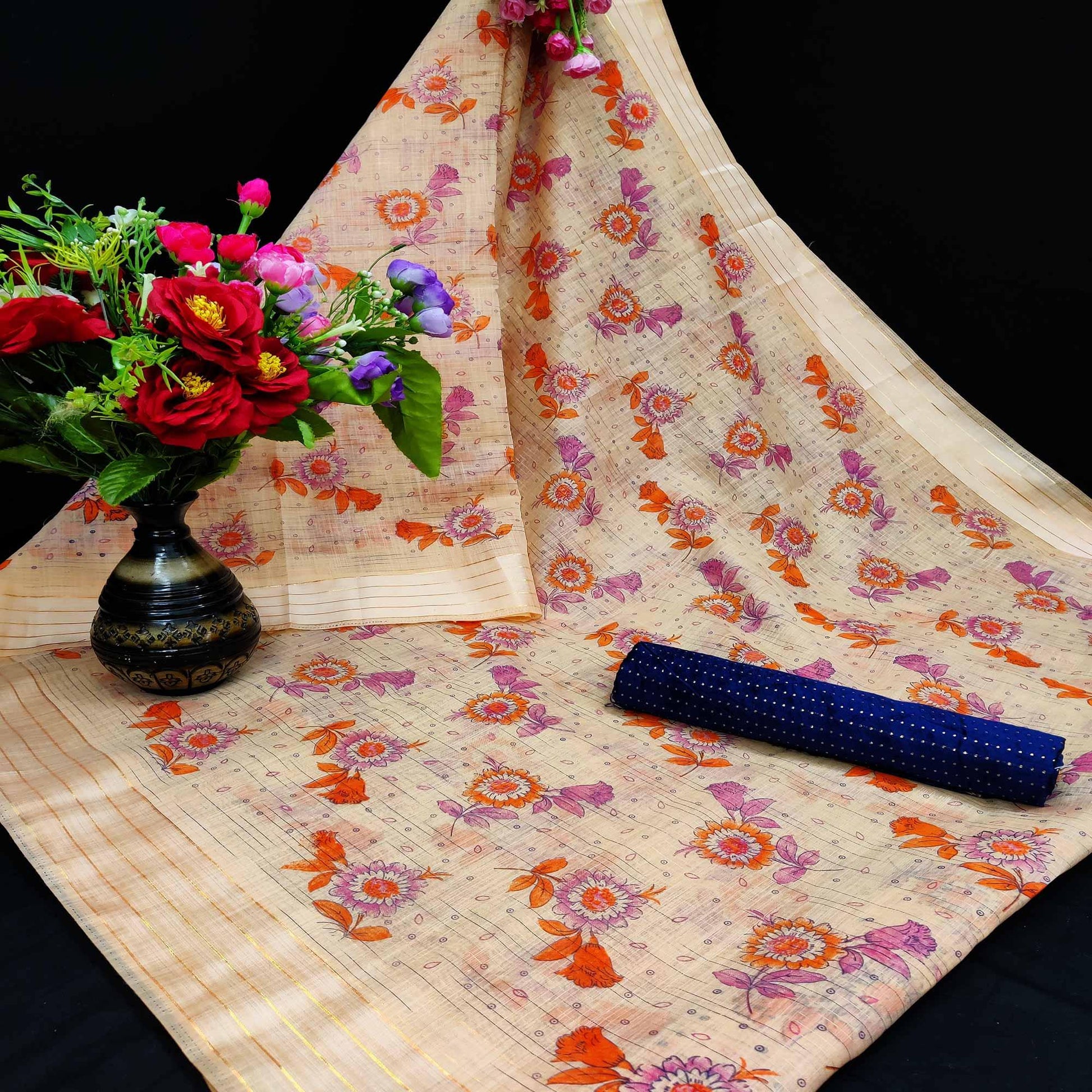 Ideal Orange Coloured Floral Print Casual Wear Striped Pattern Cotton Saree