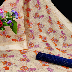 Ideal Orange Coloured Floral Print Casual Wear Striped Pattern Cotton Saree