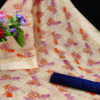 Ideal Orange Coloured Floral Print Casual Wear Striped Pattern Cotton Saree