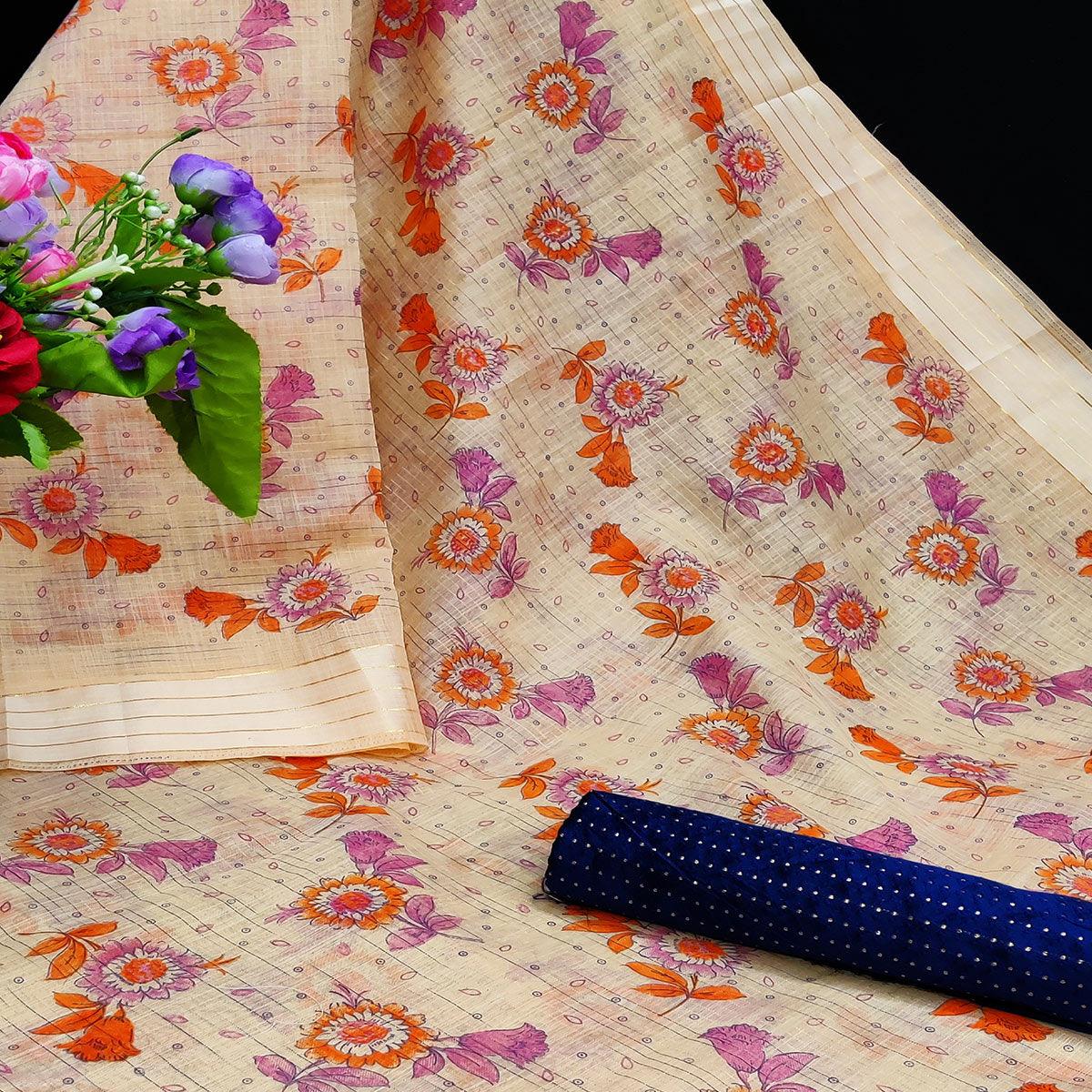 Ideal Orange Coloured Floral Print Casual Wear Striped Pattern Cotton Saree