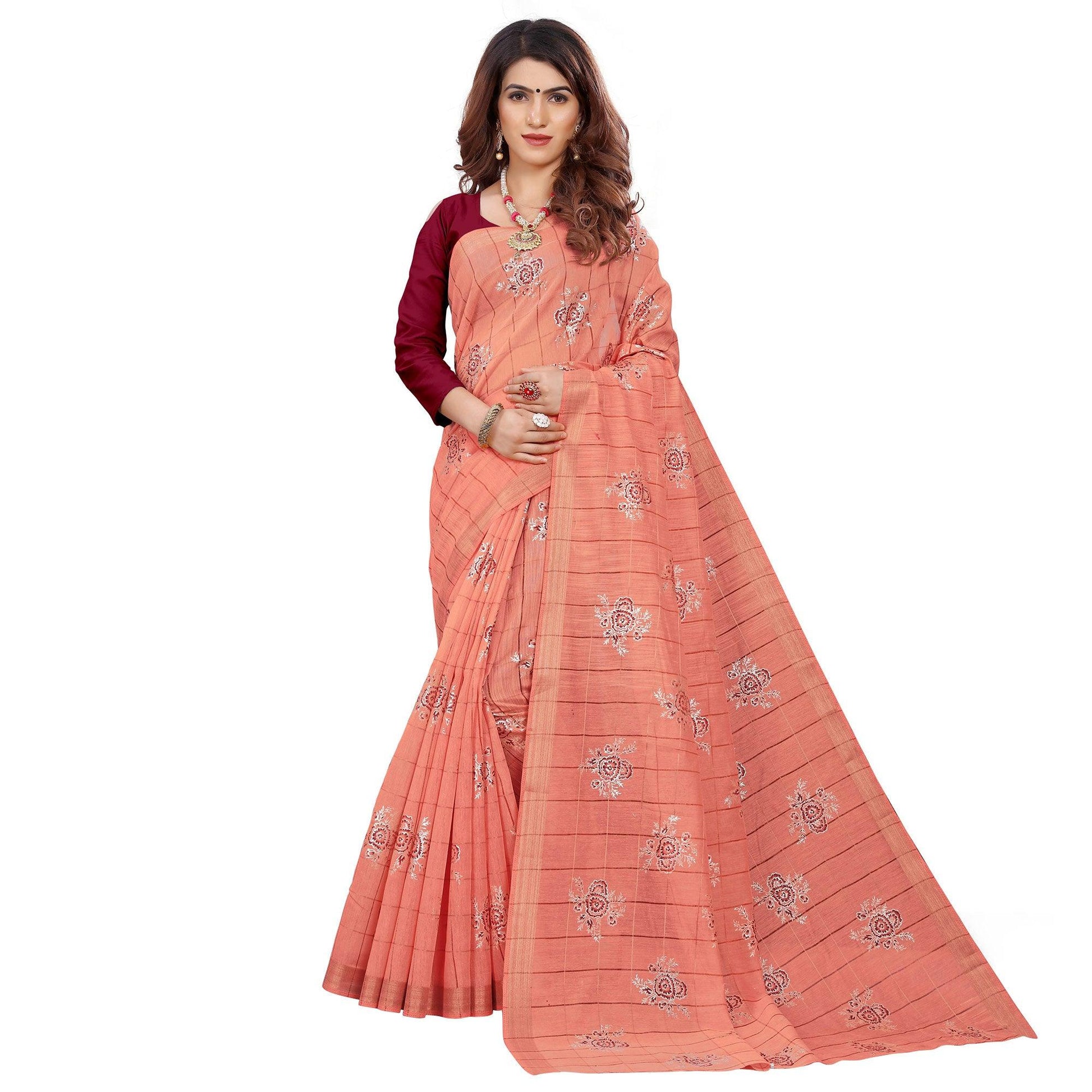 Ideal Peach Colored Casual Wear Printed Cotton Saree