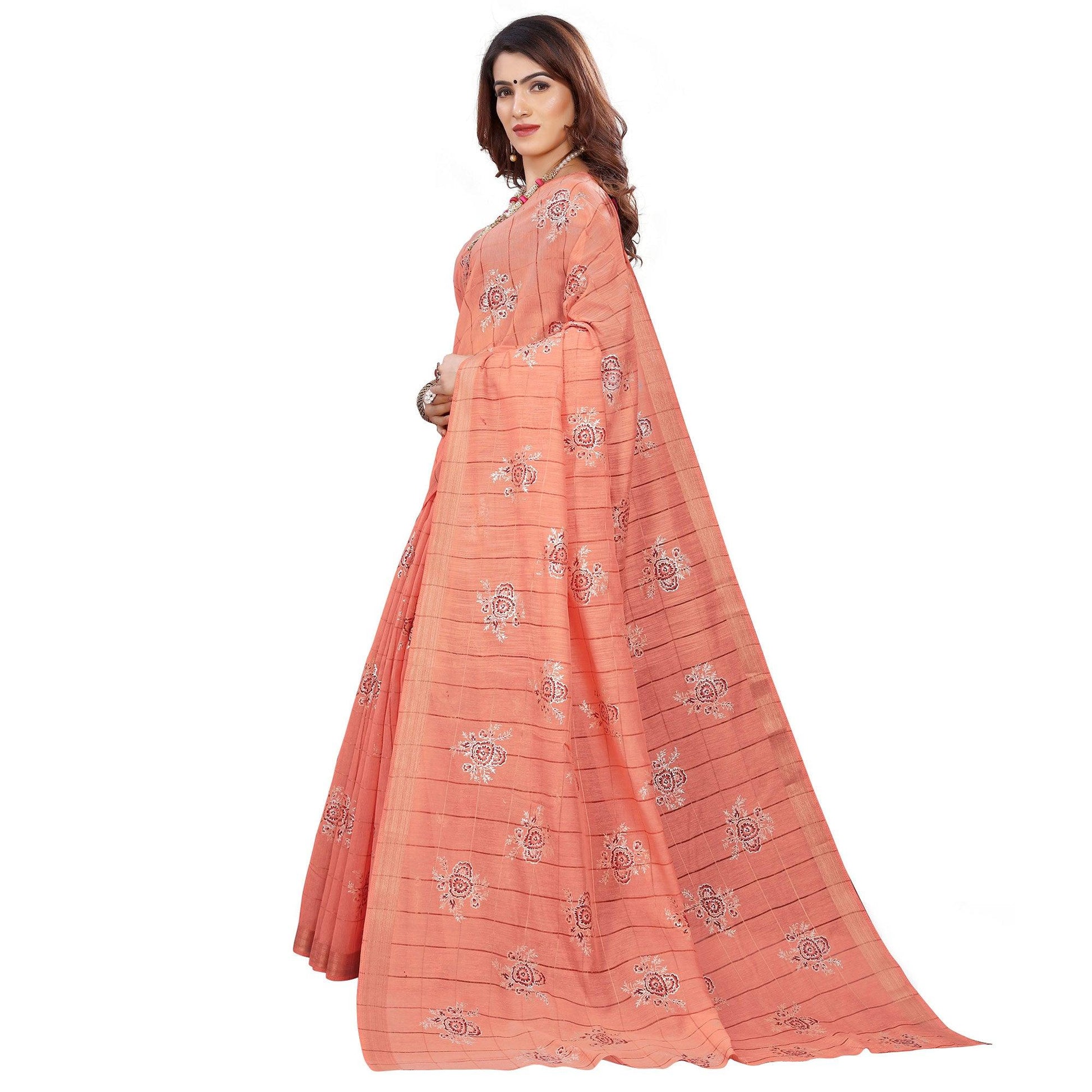 Ideal Peach Colored Casual Wear Printed Cotton Saree