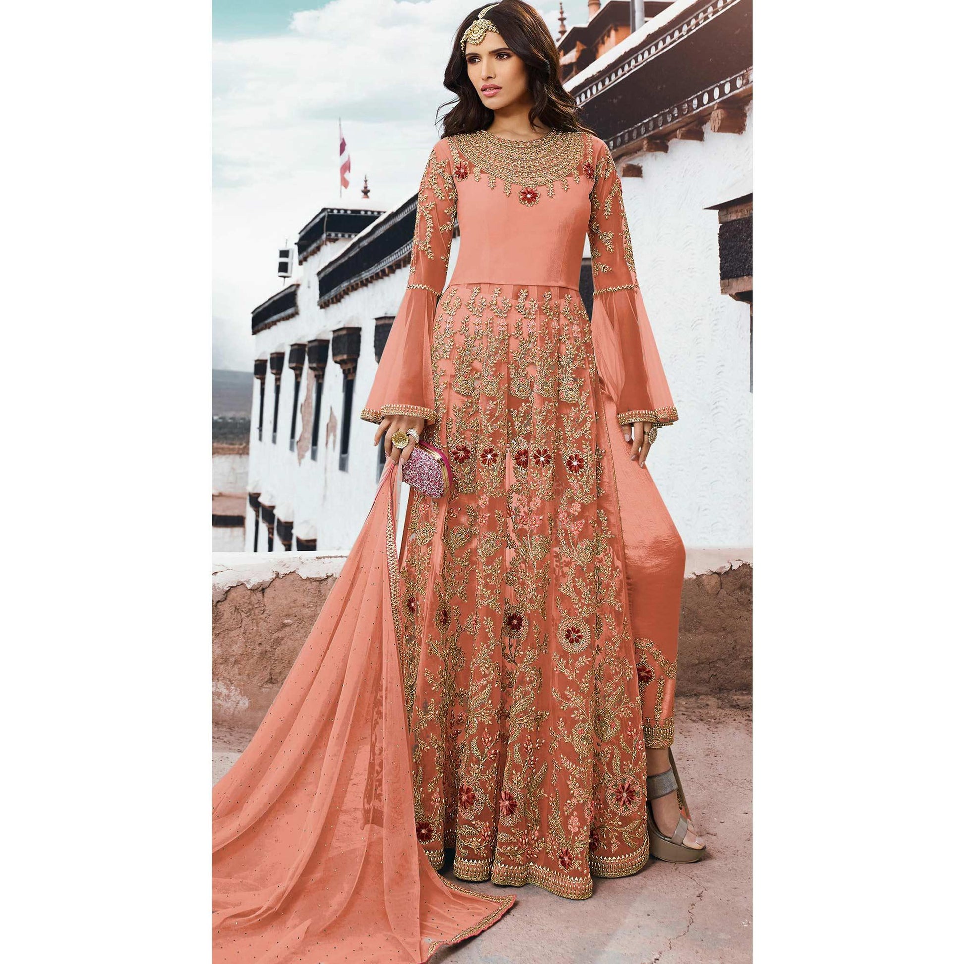 Ideal Peach Colored Partywear Embroidered Netted Anarkali Suit