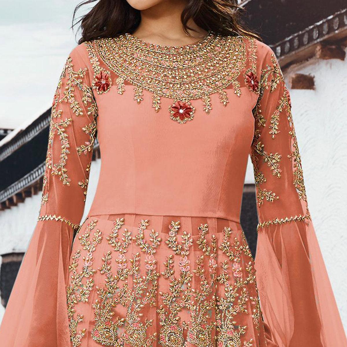 Ideal Peach Colored Partywear Embroidered Netted Anarkali Suit