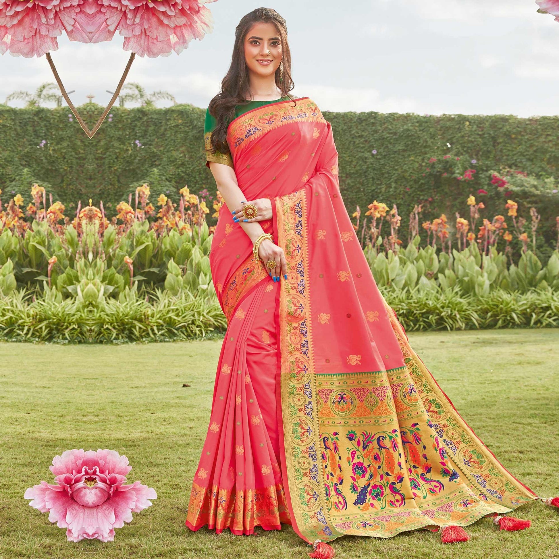 Ideal Peach Coloured Partywear Woven Silk Saree