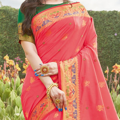 Ideal Peach Coloured Partywear Woven Silk Saree