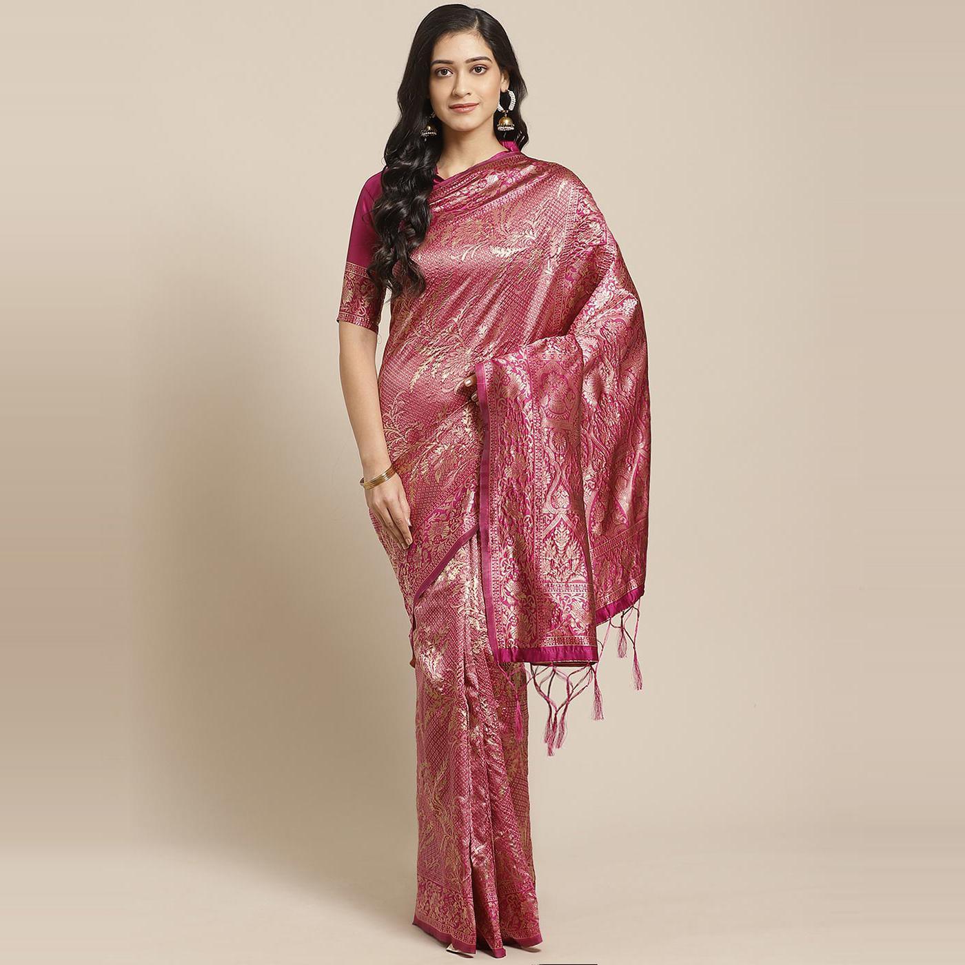 Ideal Pink Colored Festive Wear Woven Silk Blend Saree