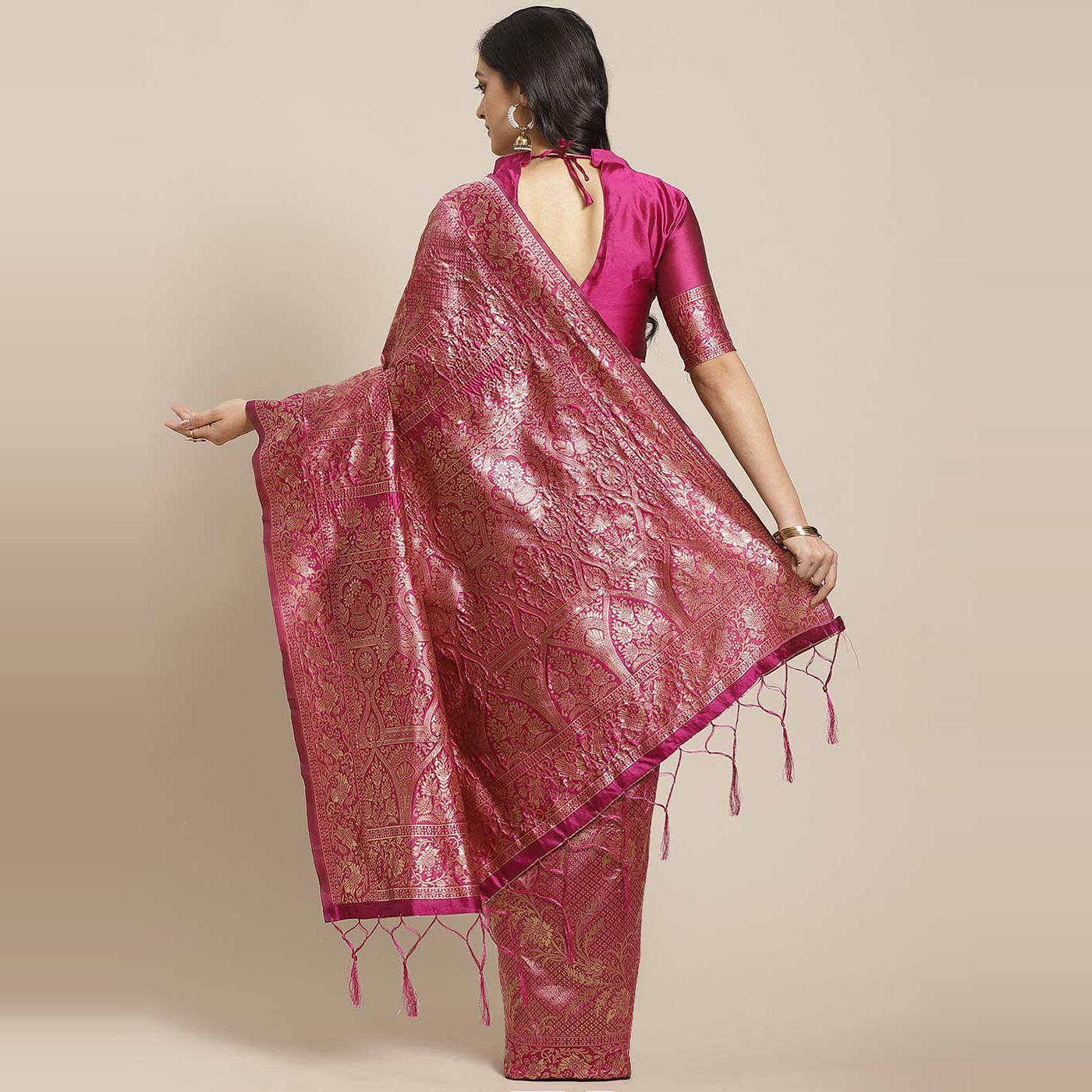 Ideal Pink Colored Festive Wear Woven Silk Blend Saree