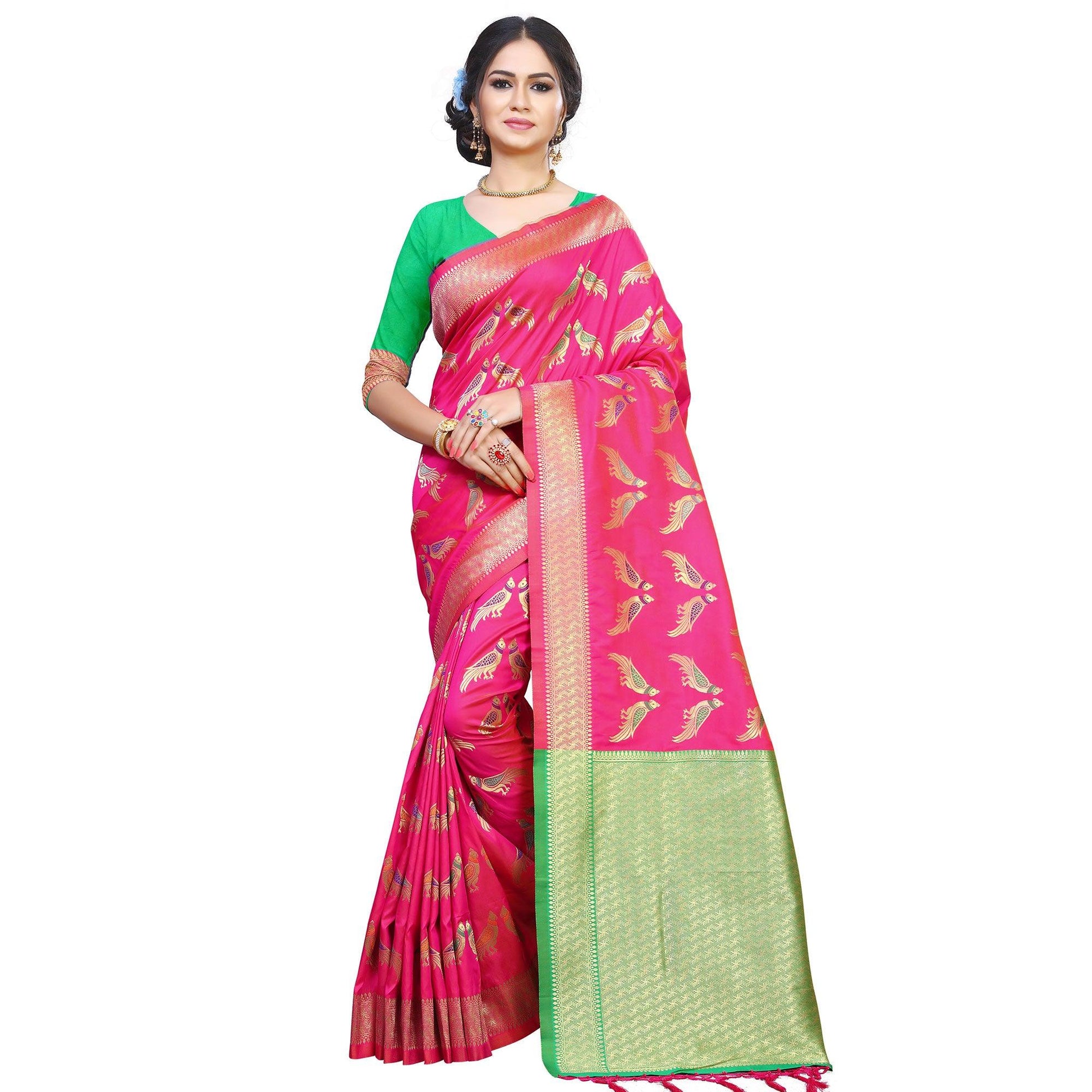 Ideal Pink Colored Festive Wear Woven Silk Saree