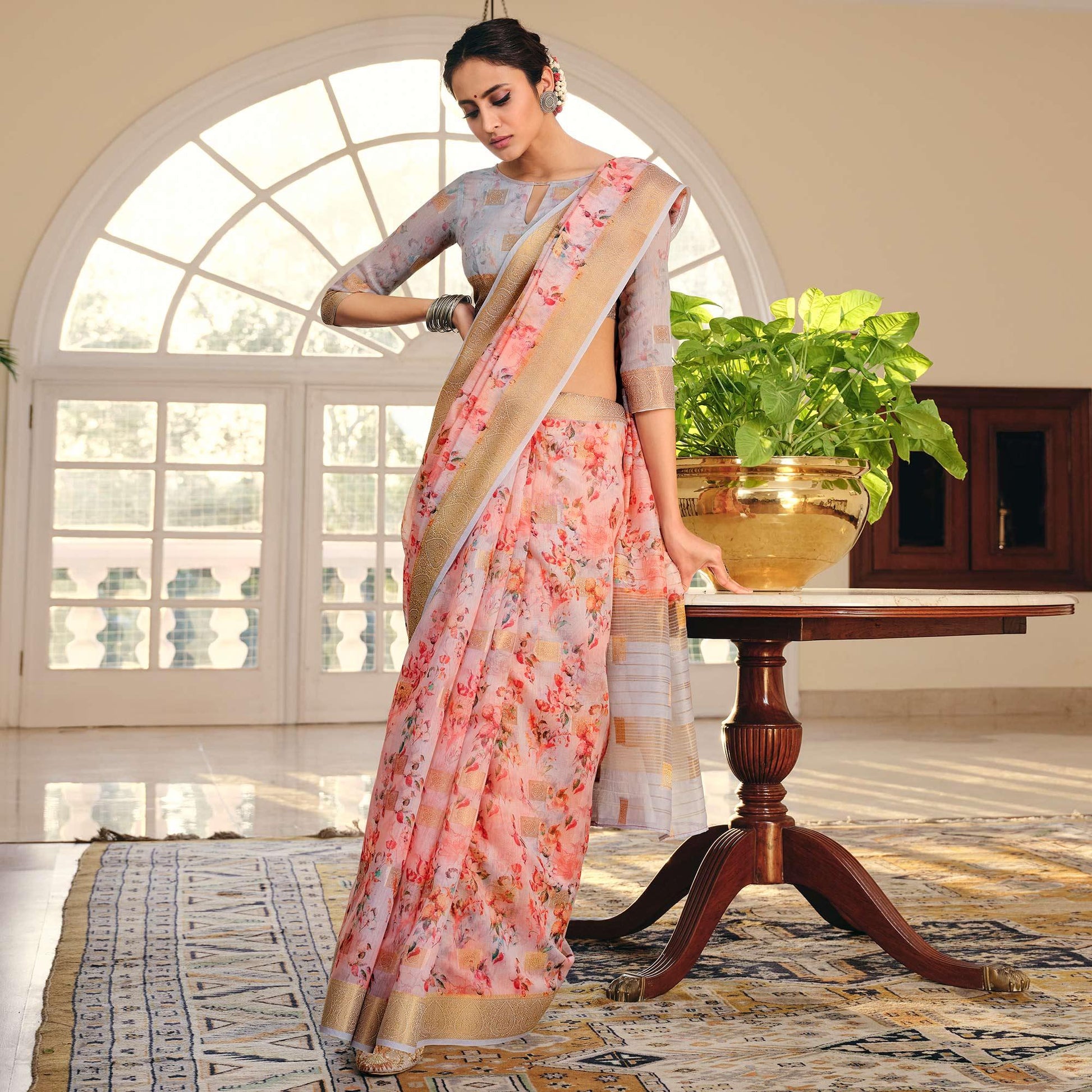 Ideal Pink Colored Party Wear Digital Printed Linen Saree
