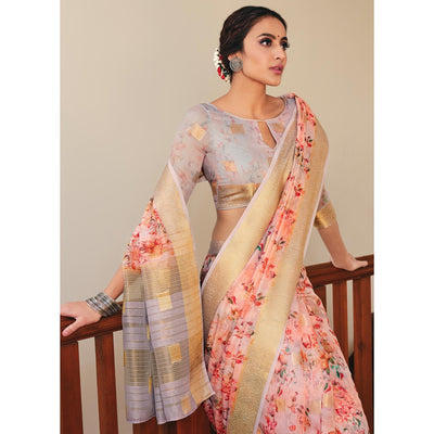 Ideal Pink Colored Party Wear Digital Printed Linen Saree