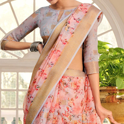 Ideal Pink Colored Party Wear Digital Printed Linen Saree