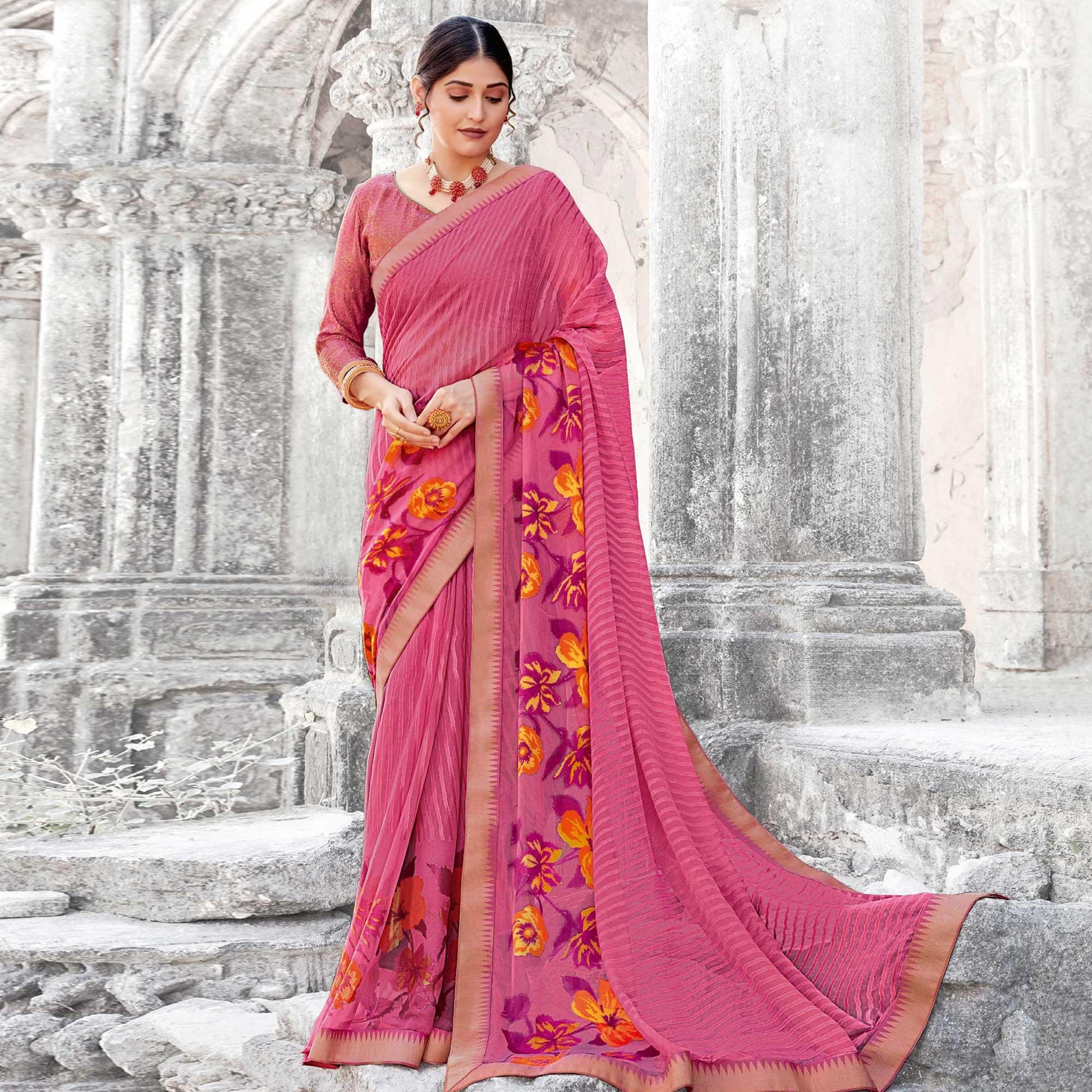 Ideal Pink Coloured Partywear Printed Brasso Saree