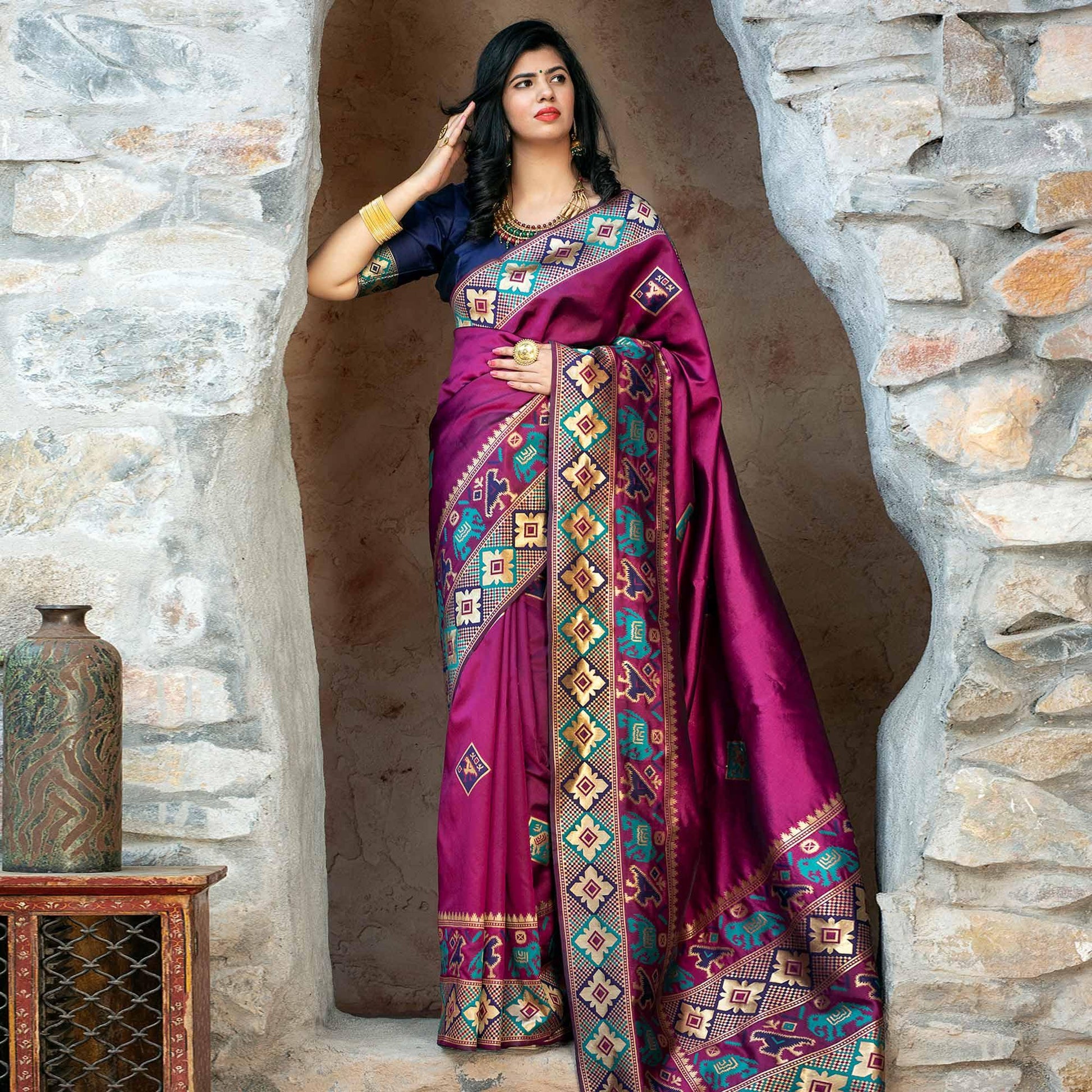 Ideal Purple Colored Festive Wear Woven Patola Silk Saree