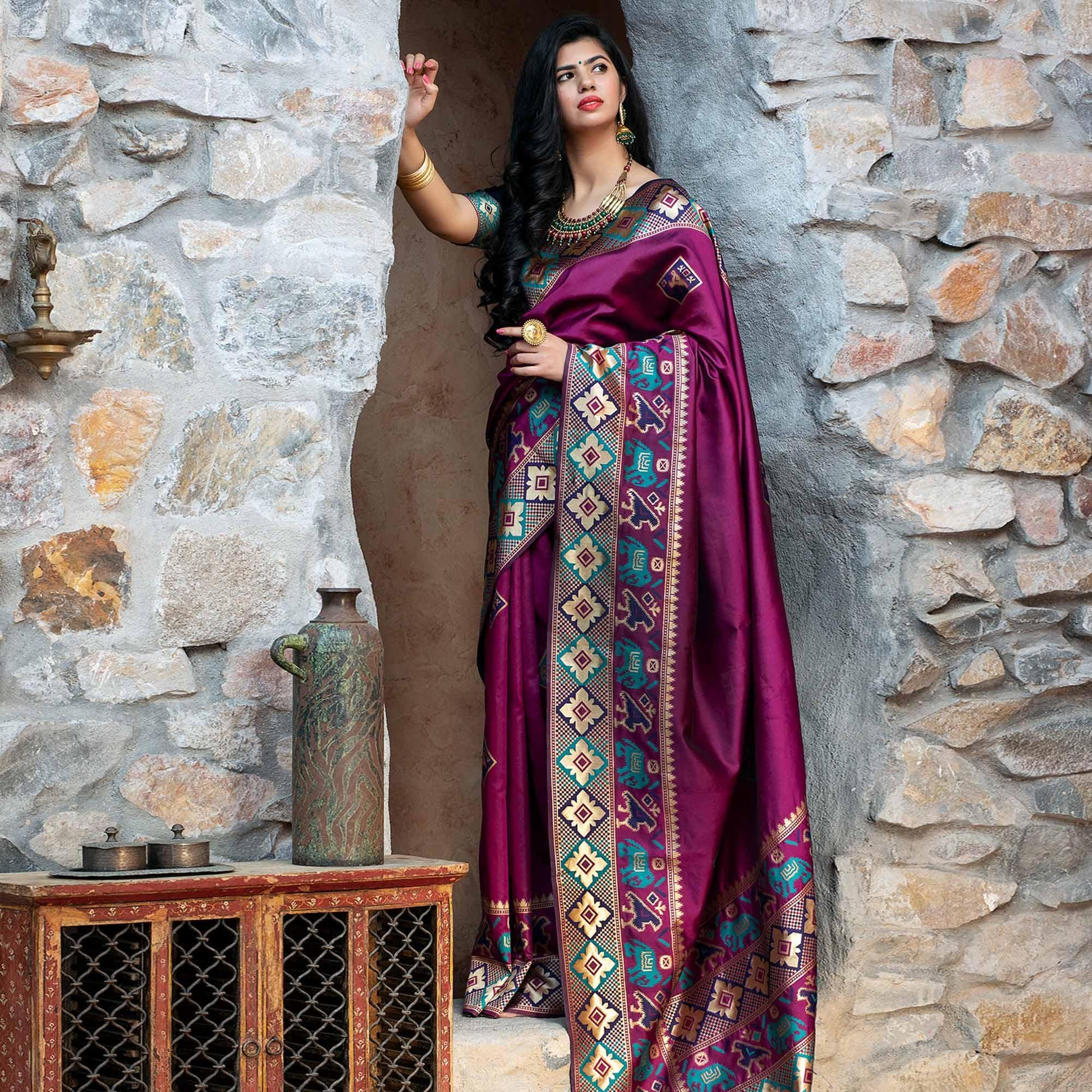 Ideal Purple Colored Festive Wear Woven Patola Silk Saree