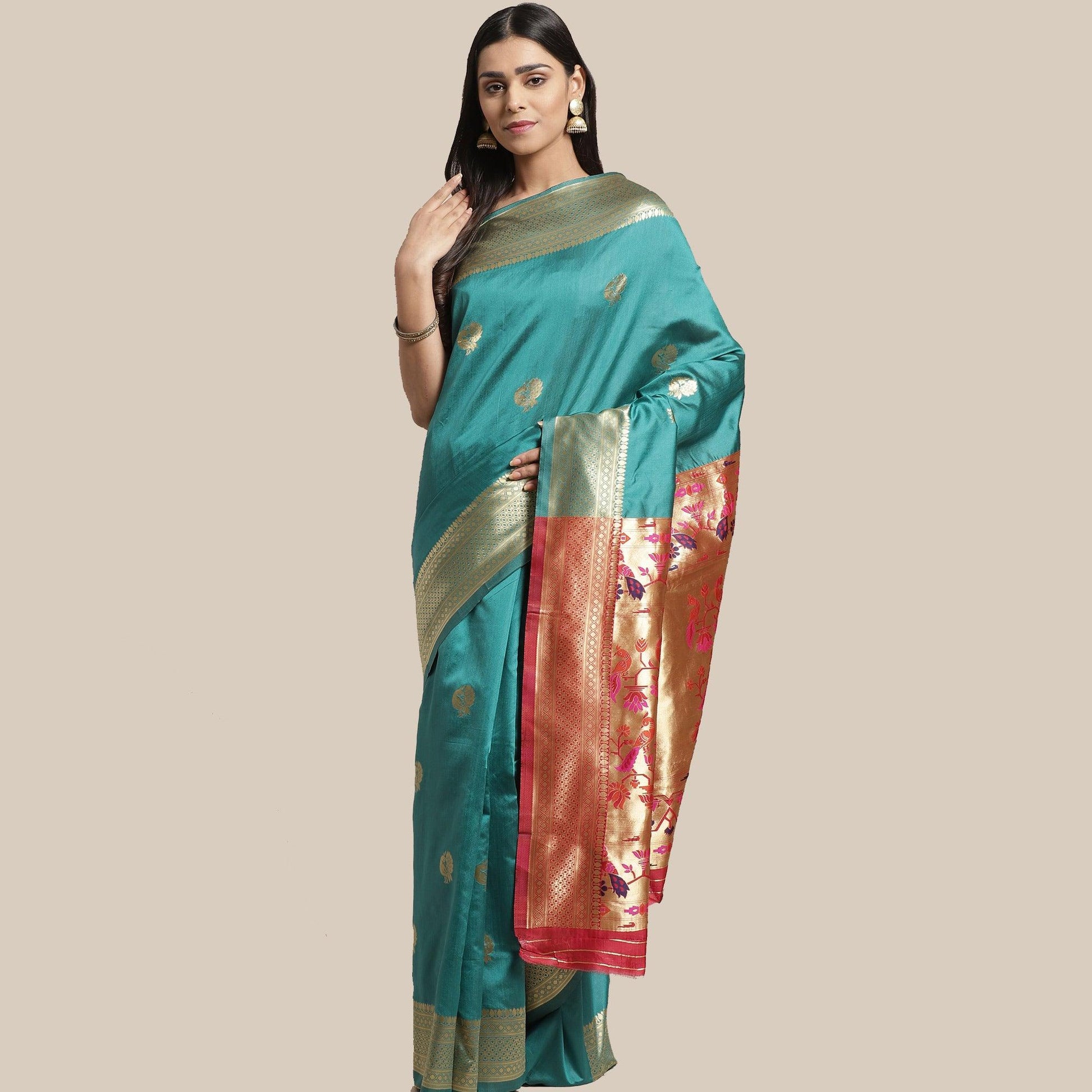 Ideal Rama Green Colored Festive Wear Woven Silk Blend Saree