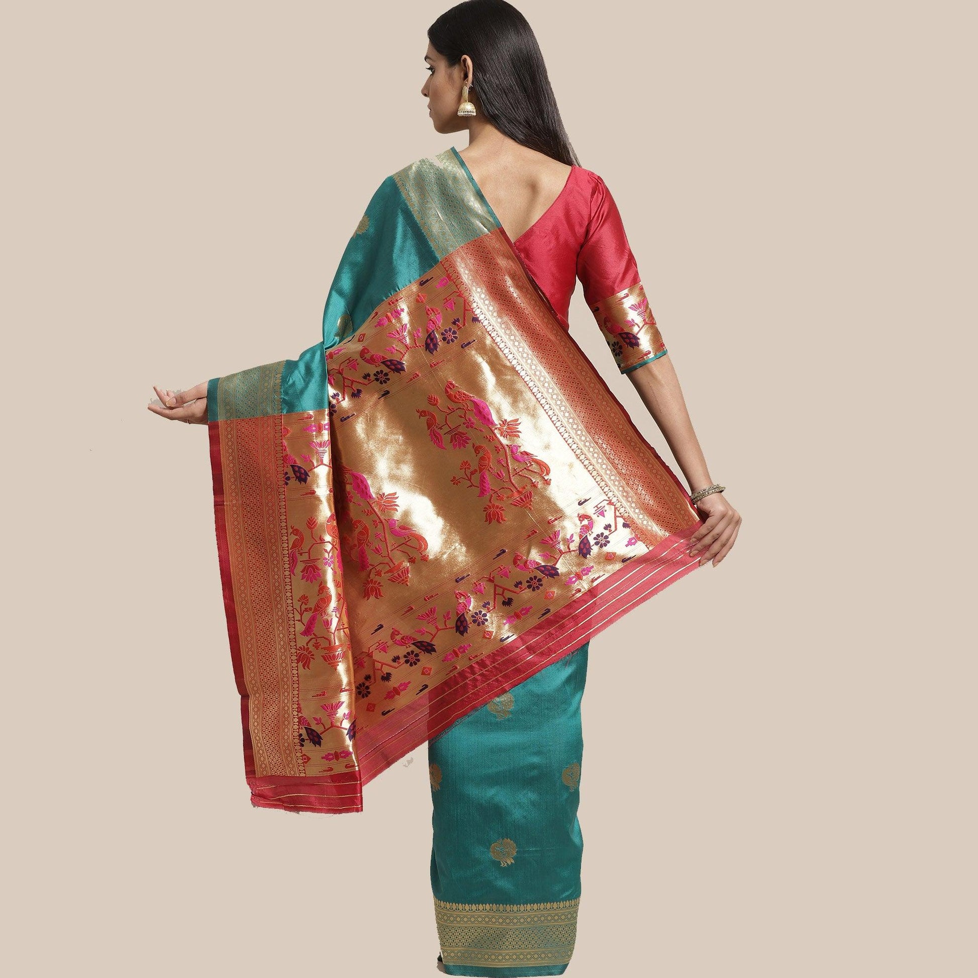 Ideal Rama Green Colored Festive Wear Woven Silk Blend Saree