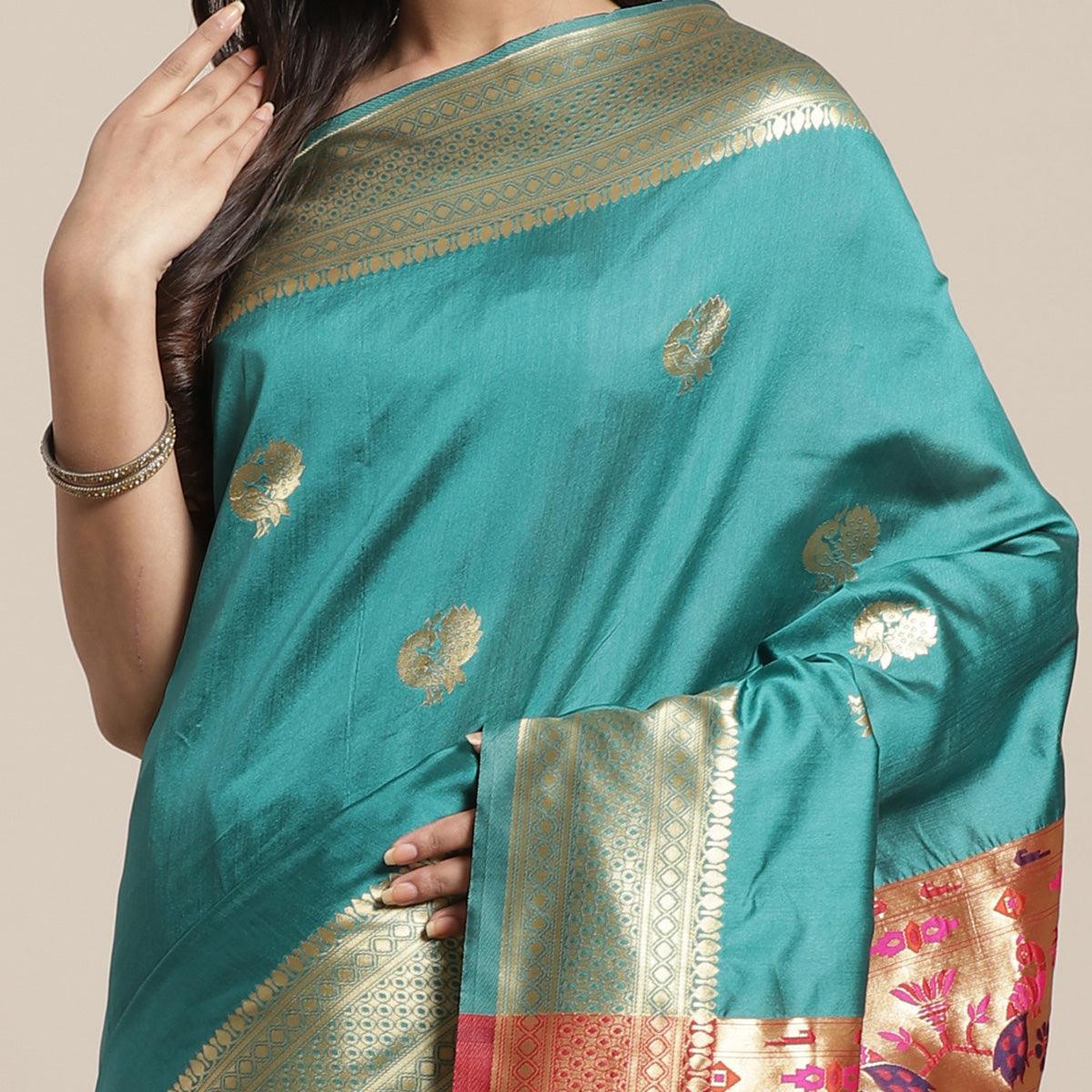 Ideal Rama Green Colored Festive Wear Woven Silk Blend Saree