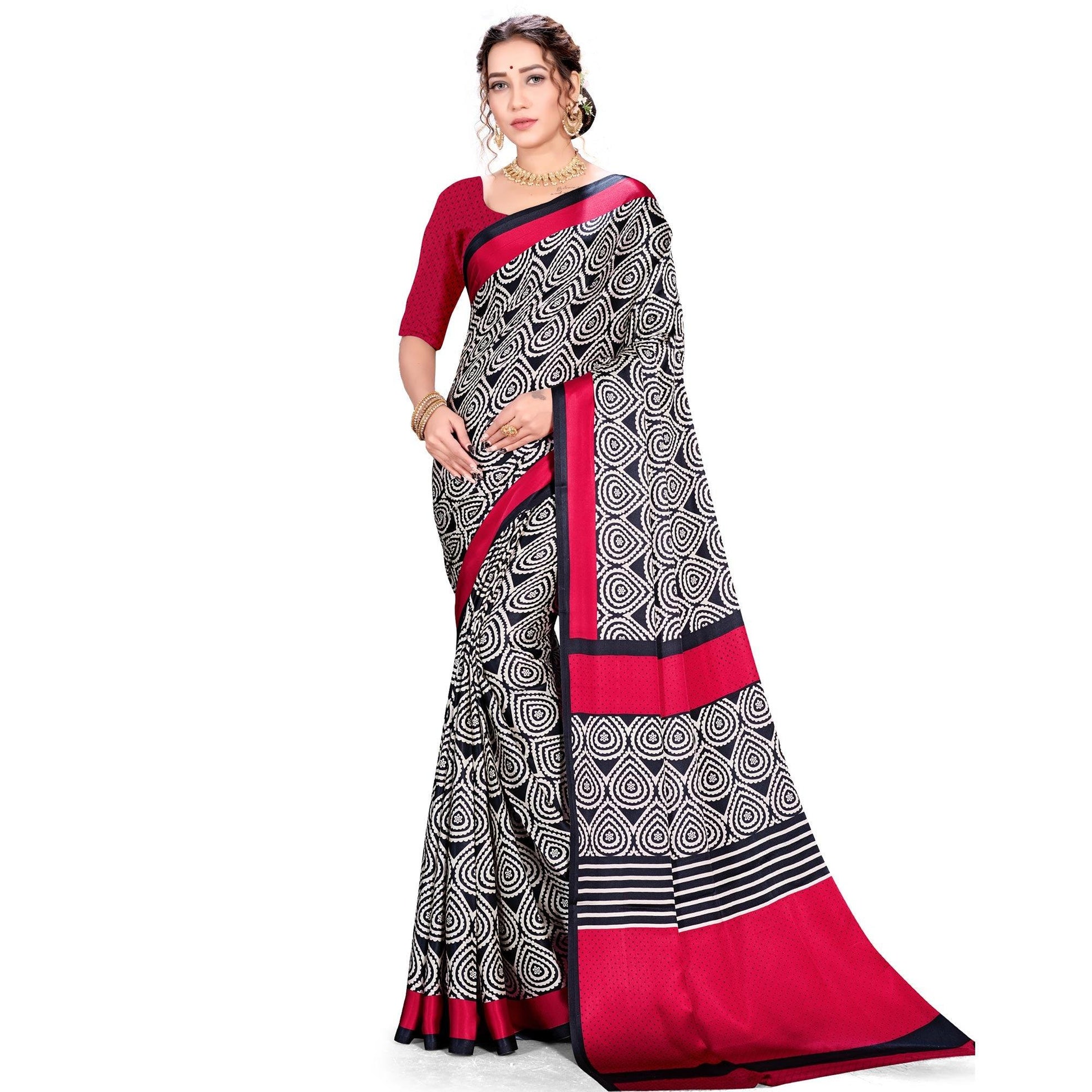Ideal Red-Black Colored Festive Wear Printed Satin Crepe Saree