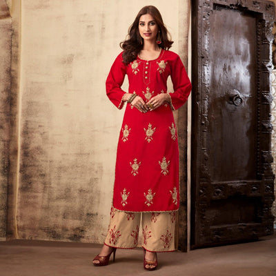 Ideal Red Colored Casual Wear Embroidered Rayon Kurti Palazzo Set