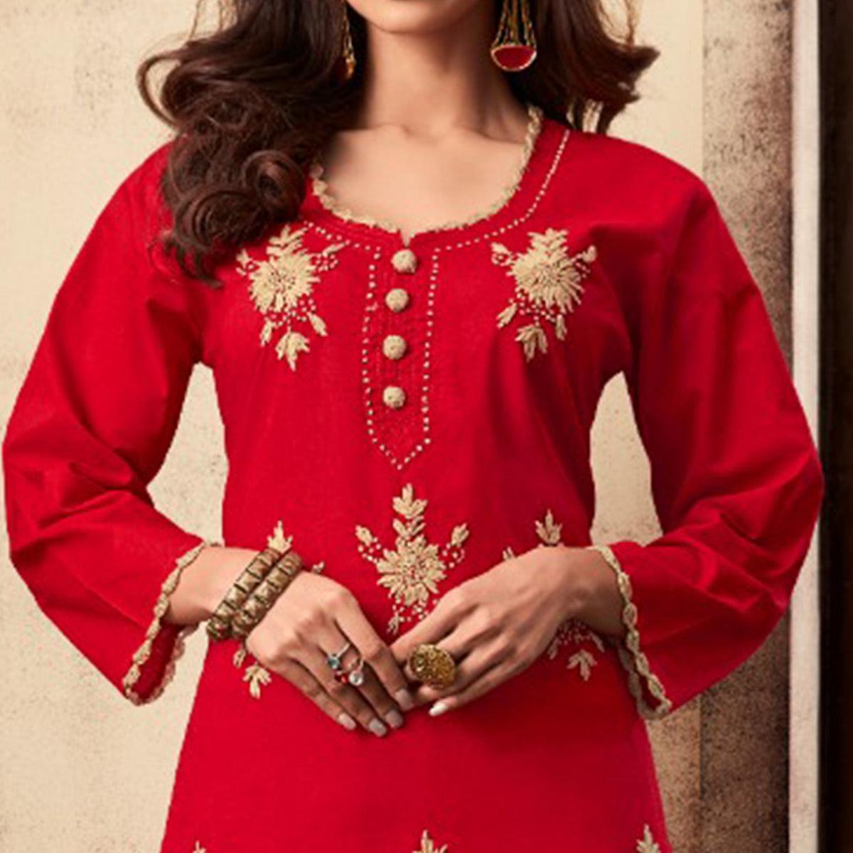 Ideal Red Colored Casual Wear Embroidered Rayon Kurti Palazzo Set