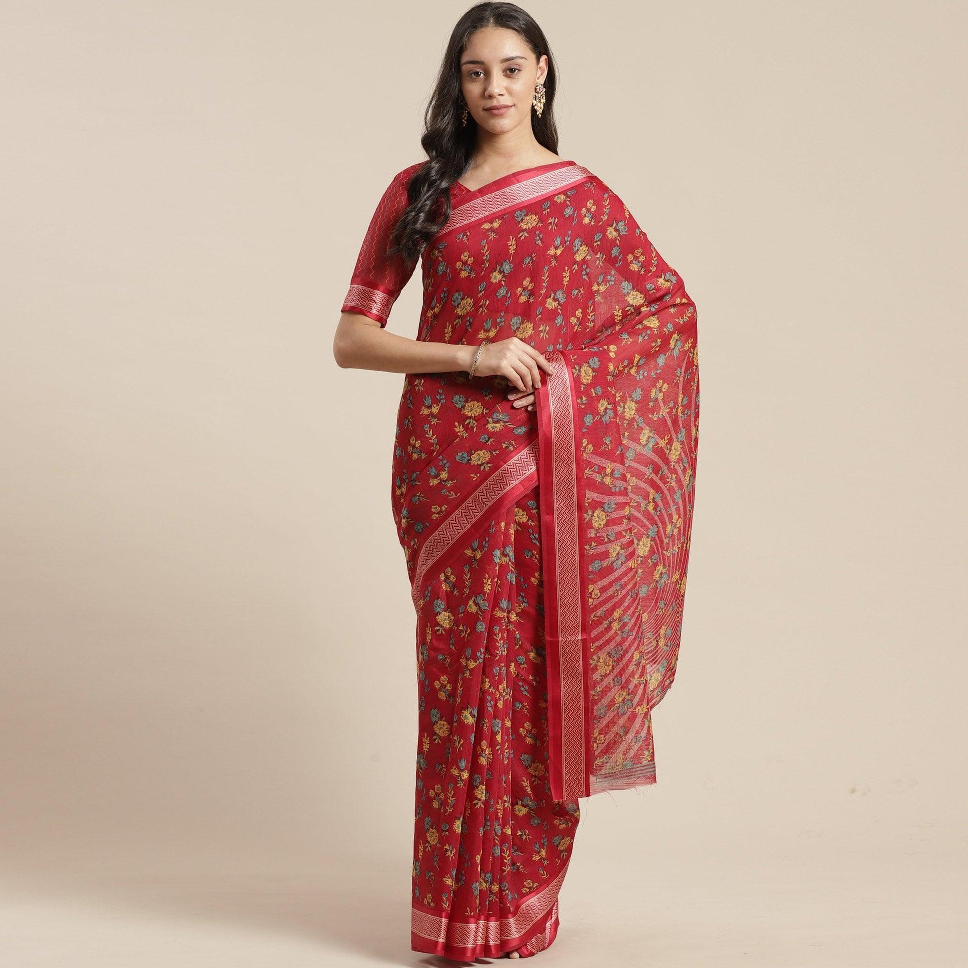 Ideal Red Colored Casual Wear Floral Printed Cotton Silk Saree