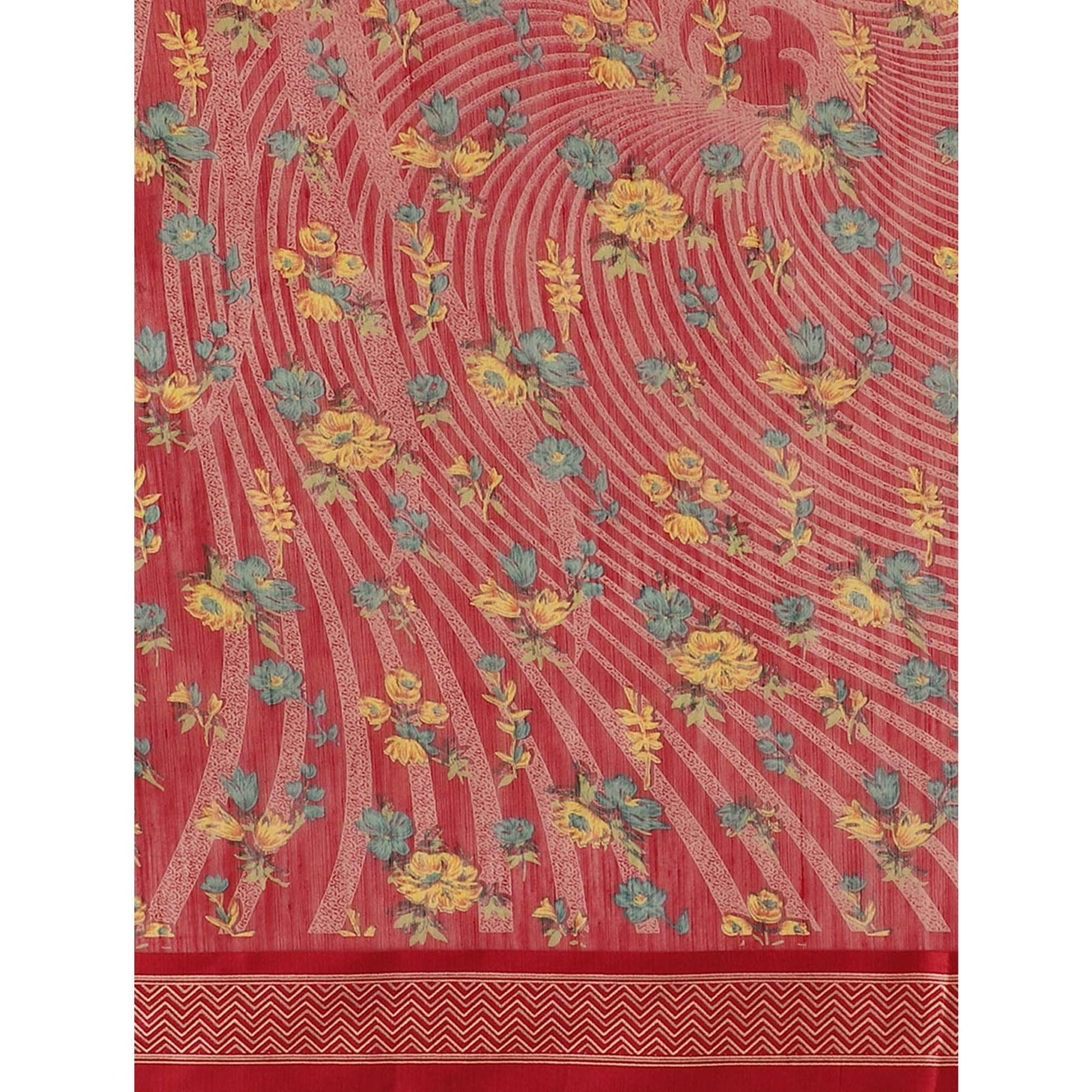Ideal Red Colored Casual Wear Floral Printed Cotton Silk Saree