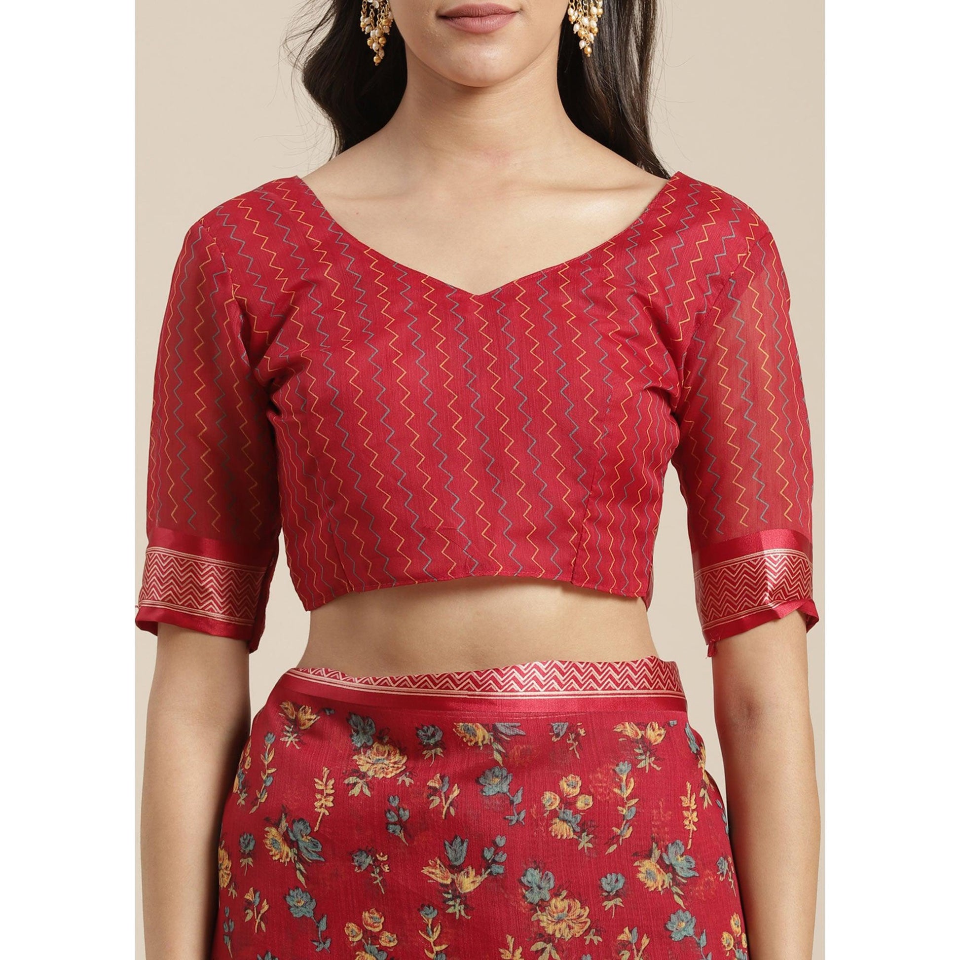 Ideal Red Colored Casual Wear Floral Printed Cotton Silk Saree