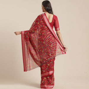 Ideal Red Colored Casual Wear Floral Printed Cotton Silk Saree