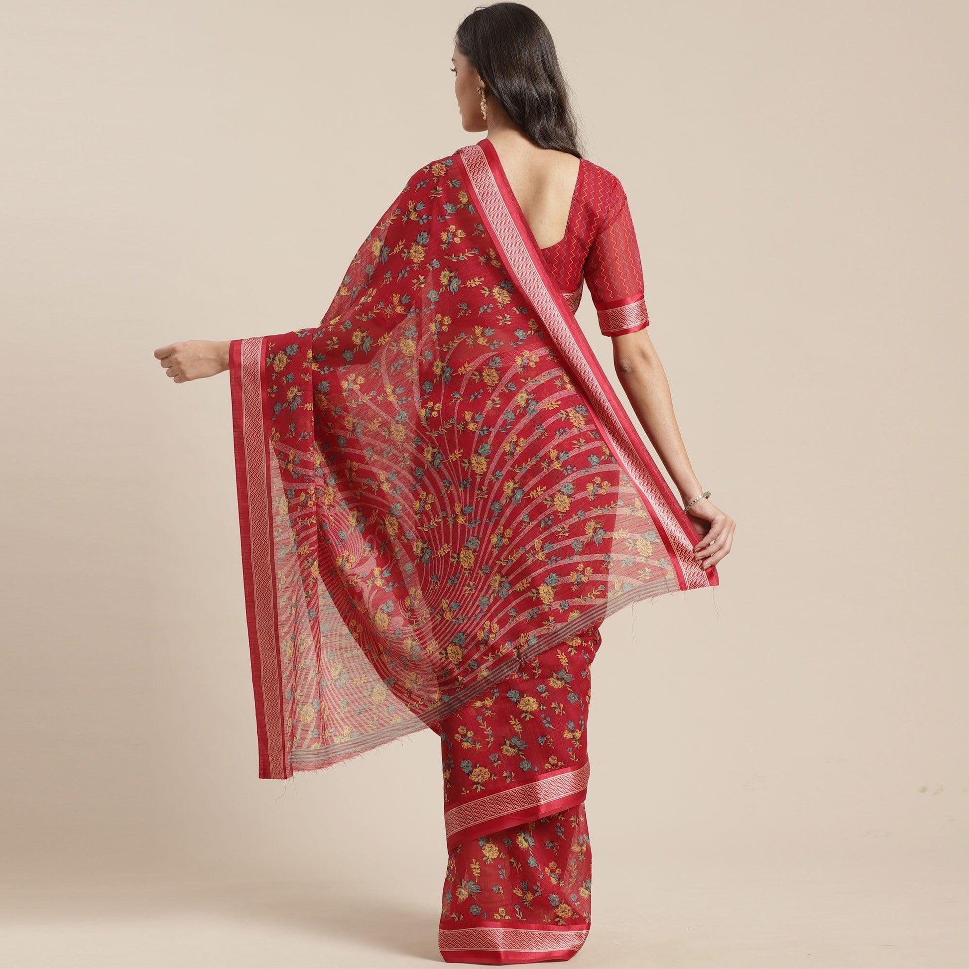 Ideal Red Colored Casual Wear Floral Printed Cotton Silk Saree
