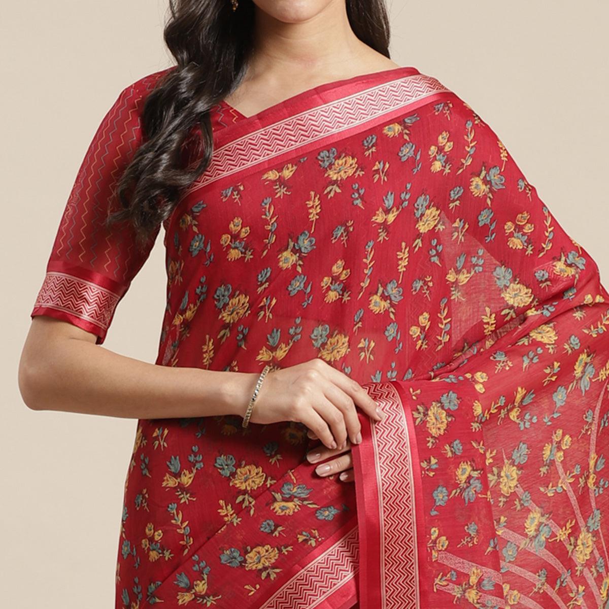Ideal Red Colored Casual Wear Floral Printed Cotton Silk Saree