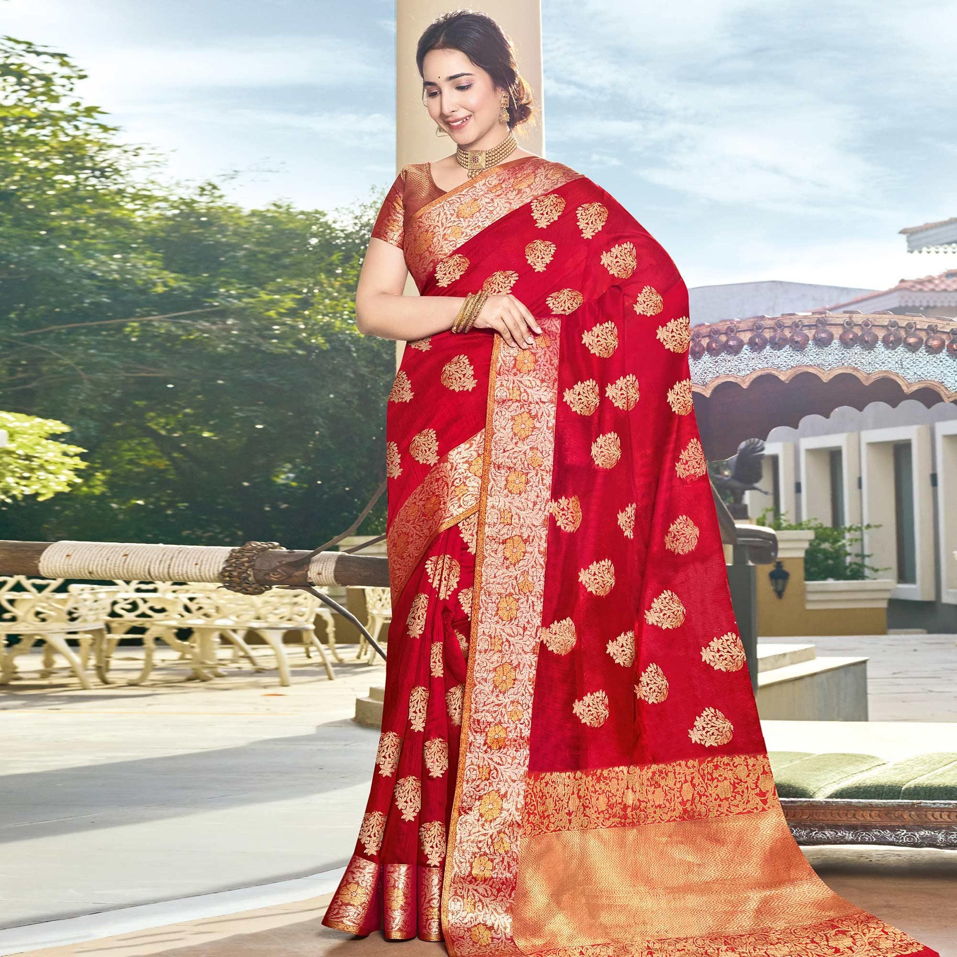 Ideal Red Colored Festive Wear Woven Silk Saree