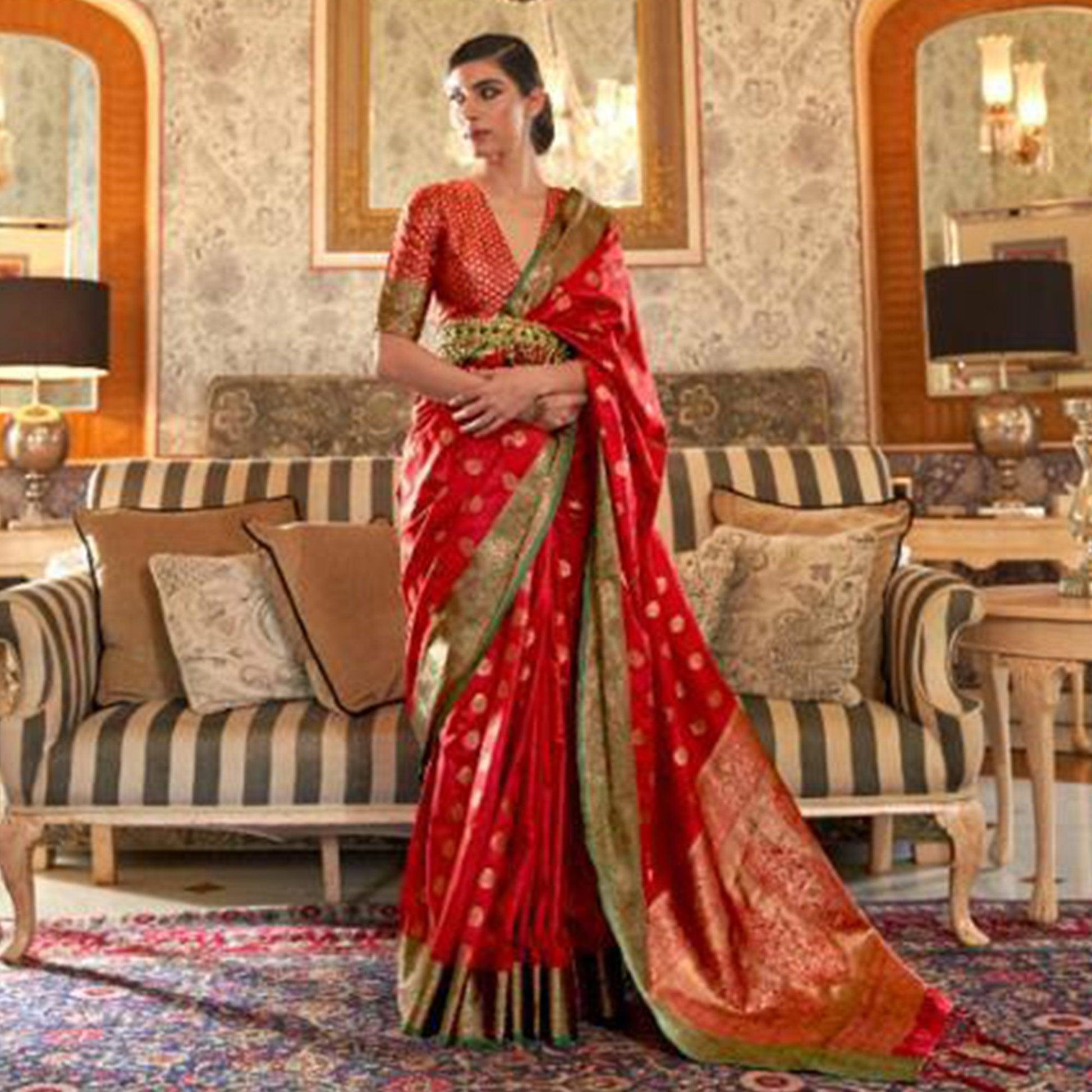 Ideal Red Colored Festive Wear Woven Silk Saree