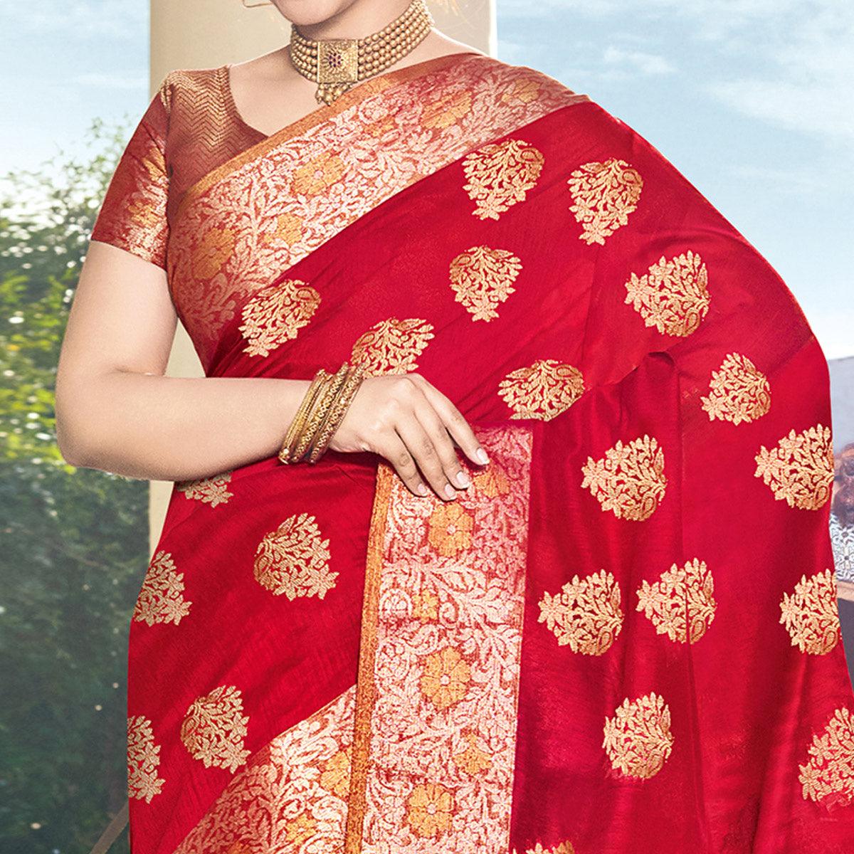 Ideal Red Colored Festive Wear Woven Silk Saree