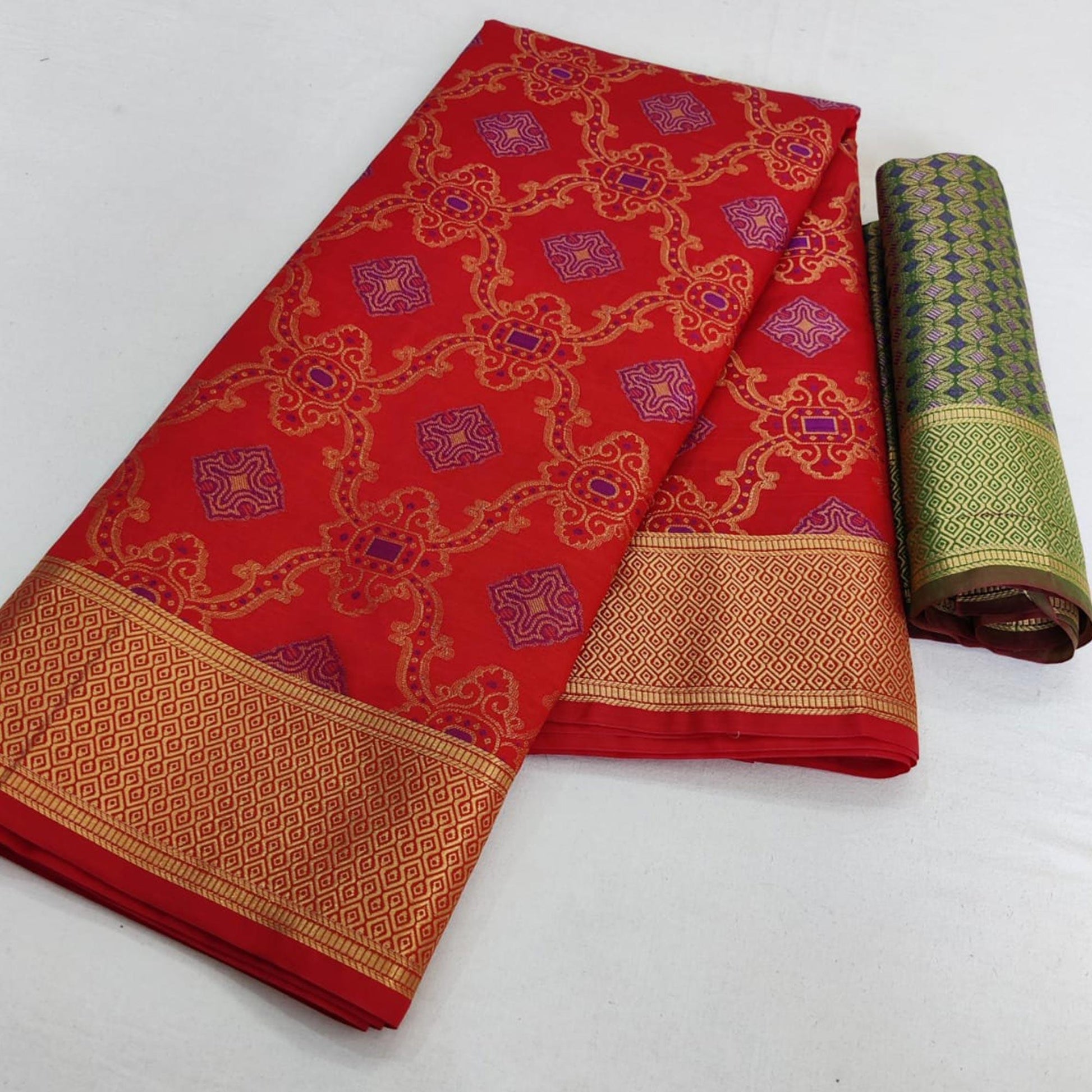 Ideal Red Colored Festive Wear Woven Silk Saree