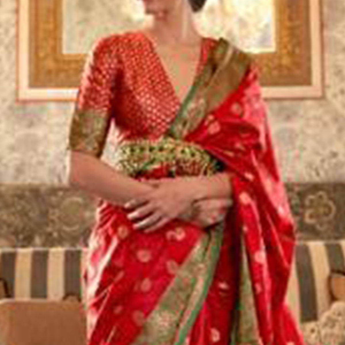 Ideal Red Colored Festive Wear Woven Silk Saree