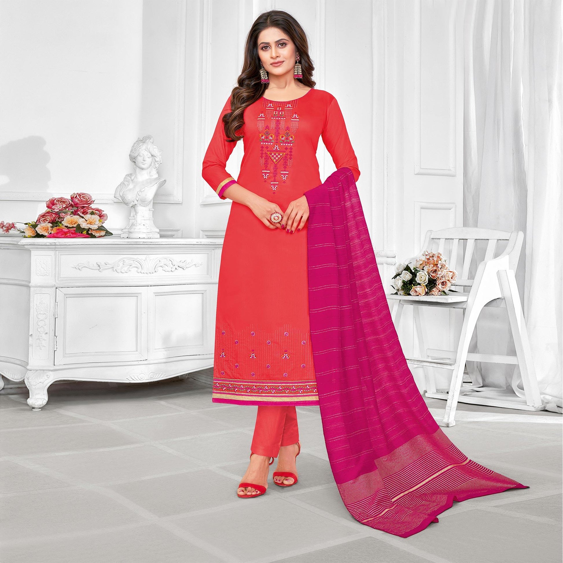 Ideal Red-Orange Colored Partywear Designer Embroidery Cotton Salwar Suit